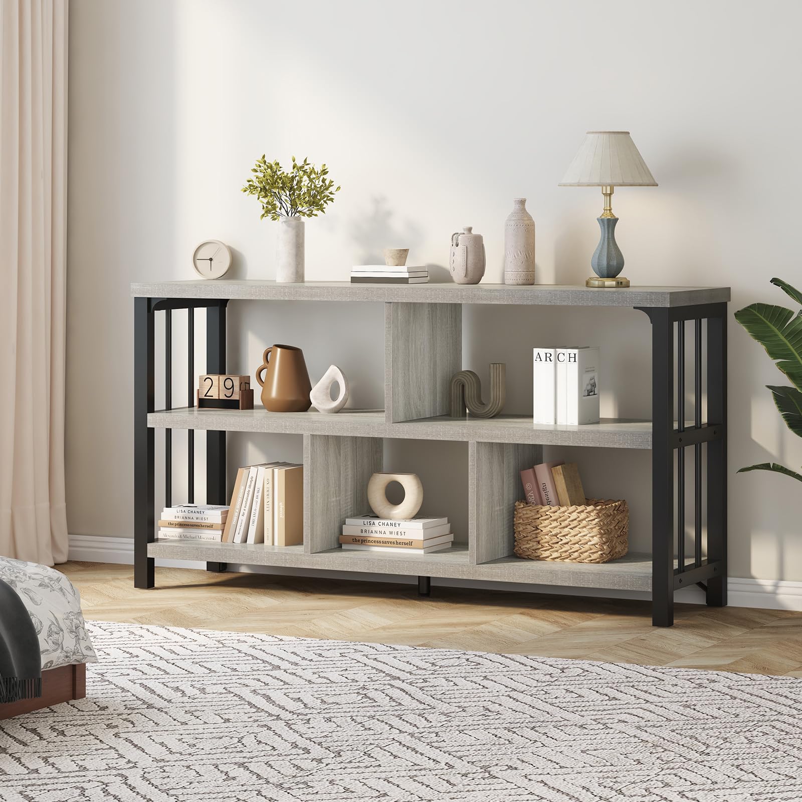 5-Cube Industrial Storage Organizer – Modern Horizontal Bookcase & TV Stand with Metal Frame (Light Grey Oak)