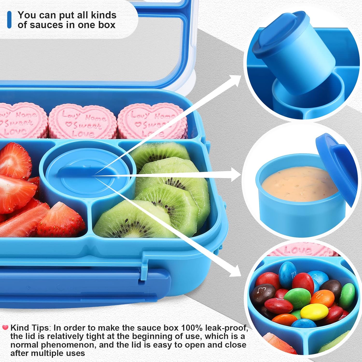Blue 5-Compartment Bento Box with Sauce Container