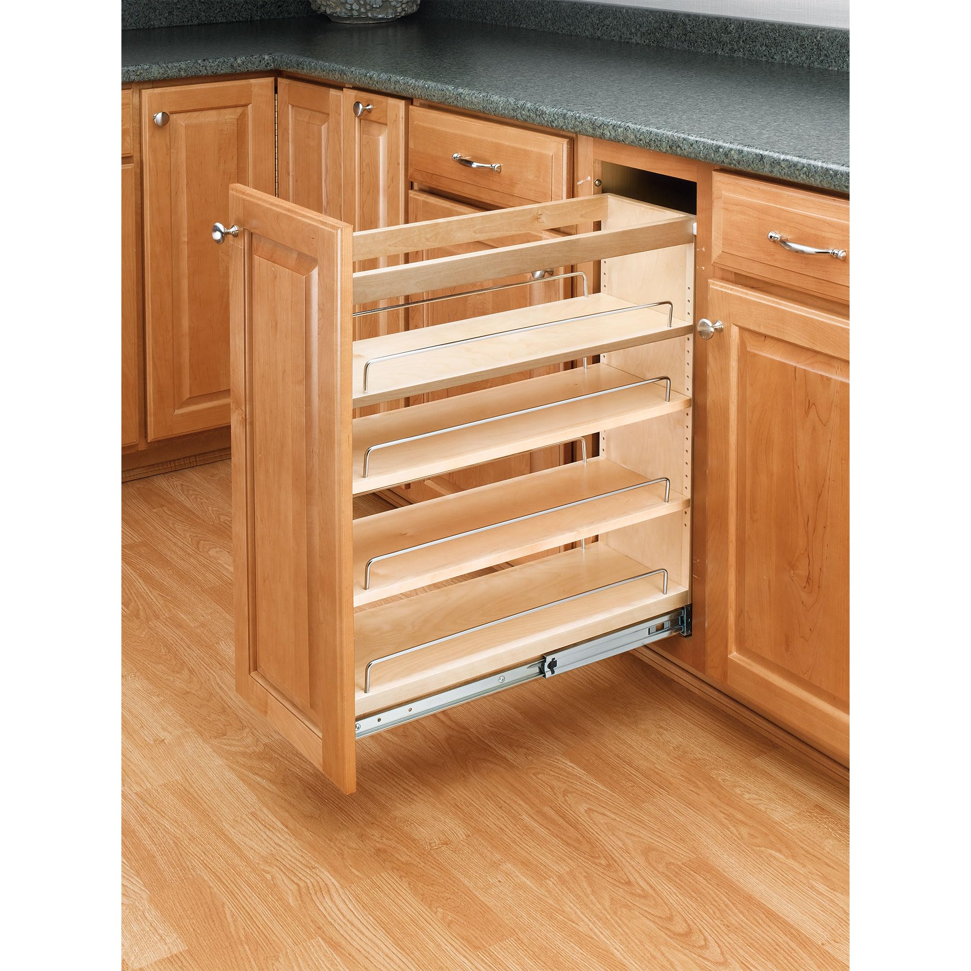 Slim 5-Inch Pull-Out Kitchen Cabinet Organizer – Maple Slide-Out Pantry Rack with Adjustable Shelves