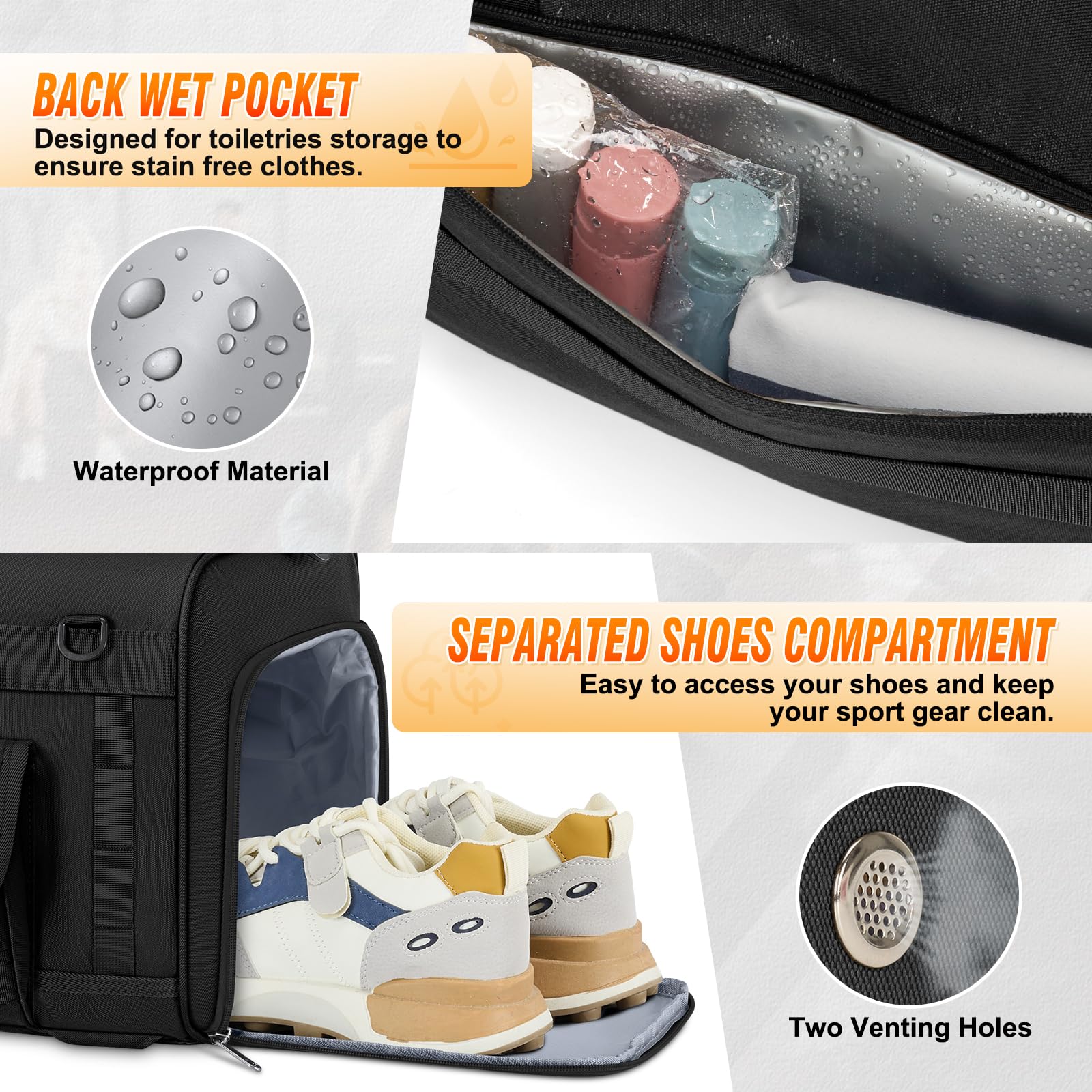 RAINSMORE 45L 3-in-1 Gym Backpack & Duffle Bag – Waterproof Carry-On Weekender with Shoe Compartment (Black)