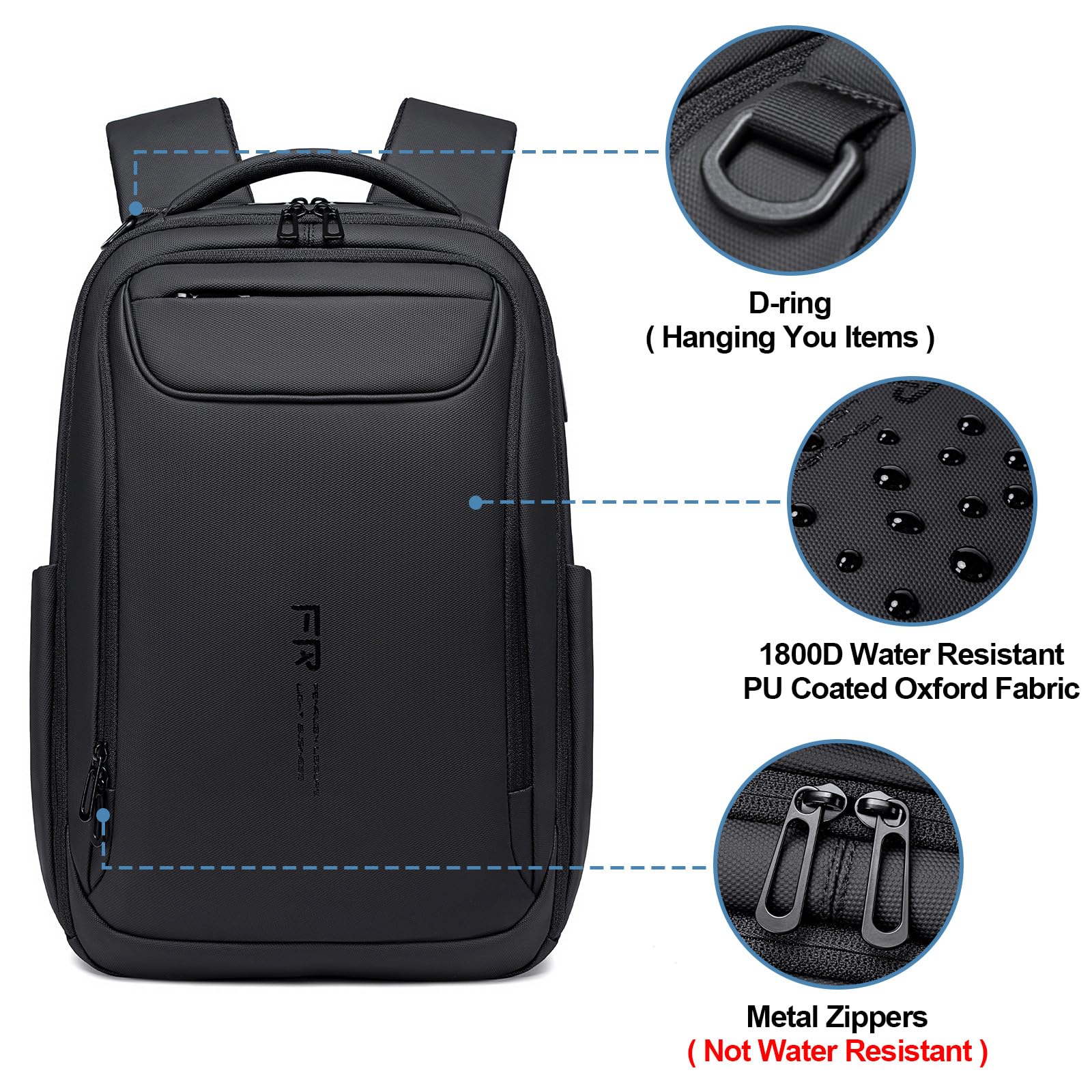 FENRUIEN Business Laptop Backpack – Water-Resistant Tech Backpack with USB-A & USB-C Charging Ports, TSA-Friendly Design (Fits 15.6”) – Black
