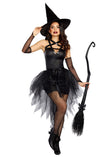 Sexy Black Witch Costume – Sparkly Tulle Skirt, Mesh Gauntlets & Tall Witch Hat ✨🖤