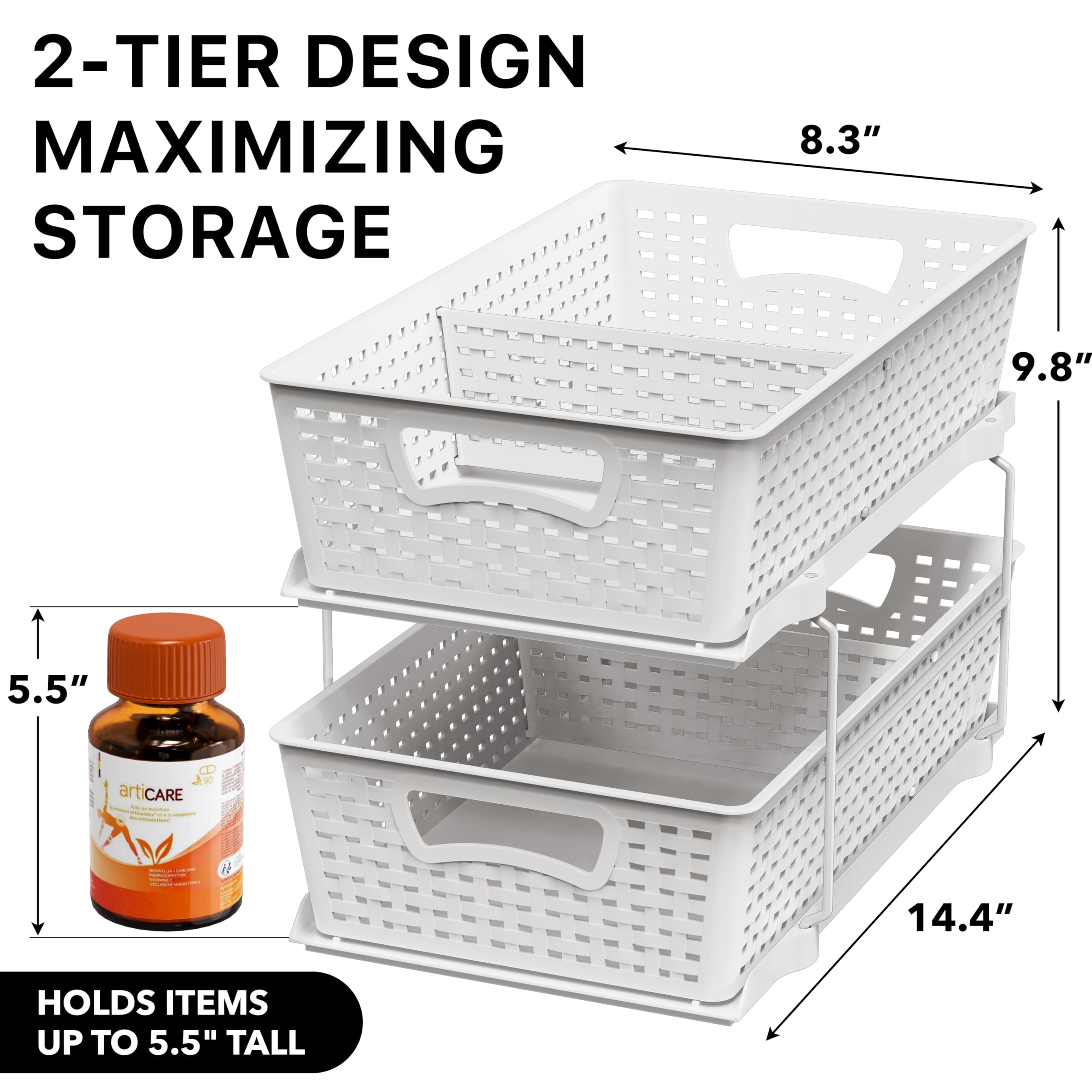 2-Tier Pull-Out Bathroom Organizer Tray – White Under-Sink Sliding Storage with Divider