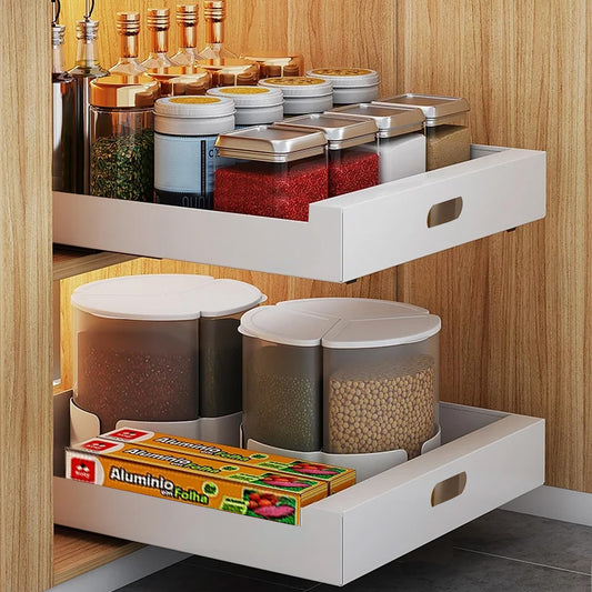 BEALY White Pull-Out Cabinet Organizer – Adhesive No-Drill Slide-Out Drawers with 3-Section Damping Rails (2 Pack)