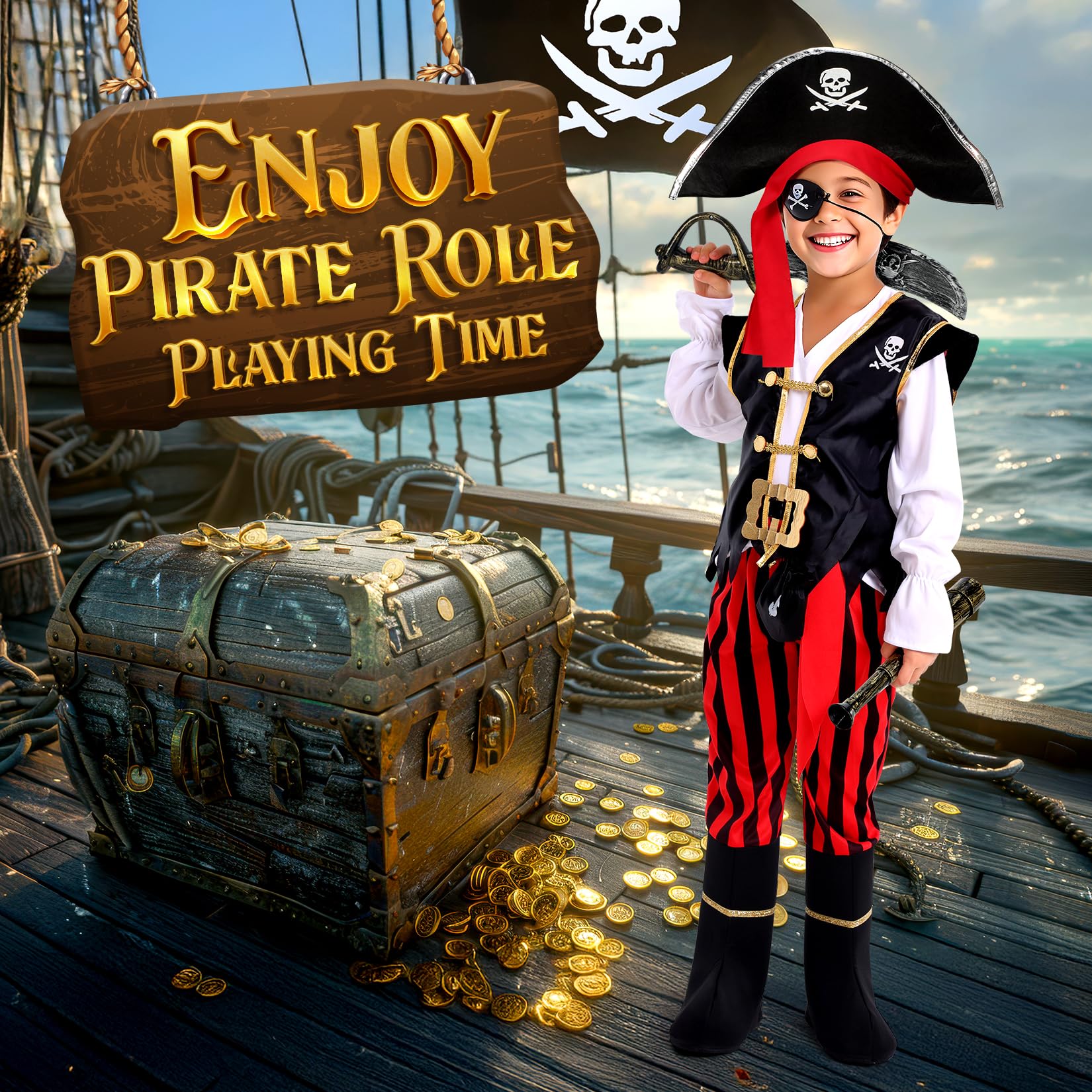 Kids All-in-One Pirate Costume Adventure Set – Red Outfit with Sword, Hat, Treasure Map, Spyglass & Gold Coins (Gift Box Ready)