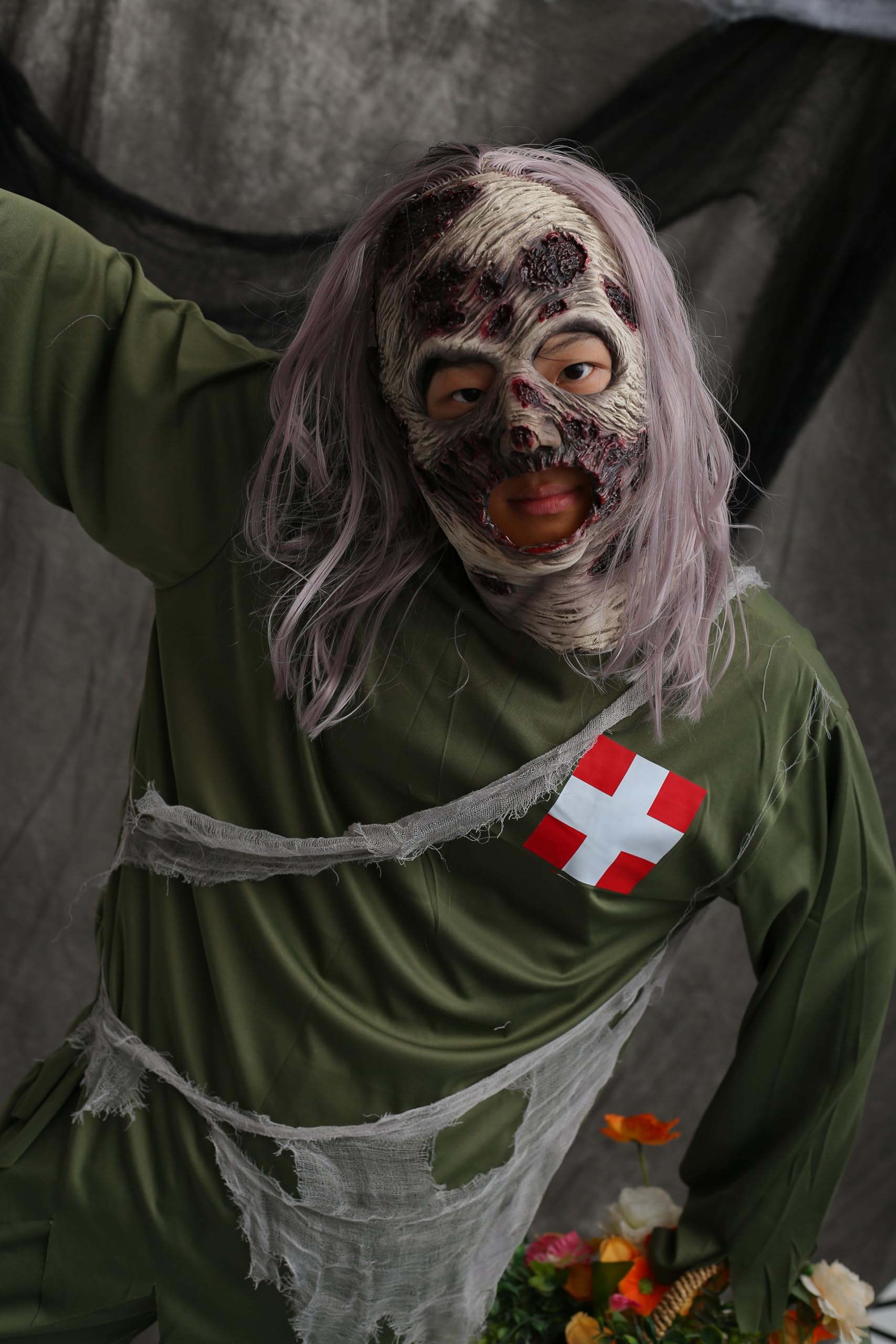 Grey Realistic Zombie Mask – Latex Horror Mask with Purple Hair & Open-Mouth Design 🧟‍♂️💀