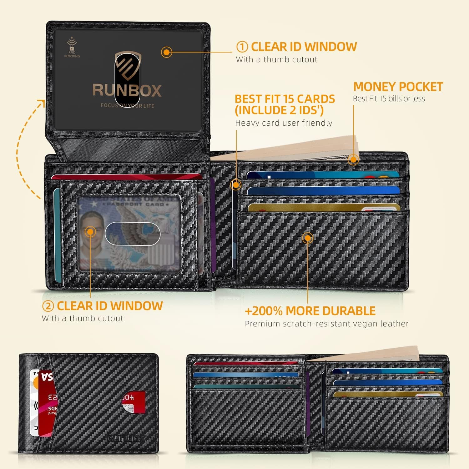 Slim RFID Blocking Leather Wallet for Men with 15 Card Slots & Dual ID Window – Minimalist Bifold Pocket Wallet Carbon Black