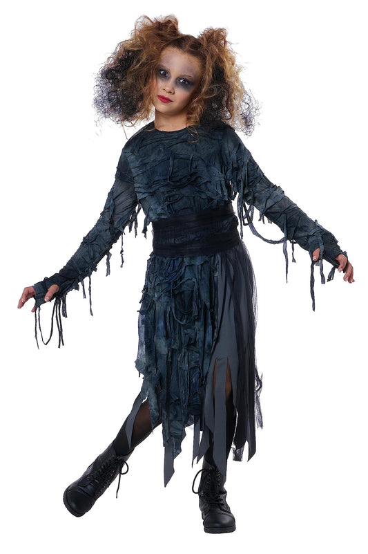 Women’s Charcoal Gothic Dress – Fringed Halloween Costume with Sheer Waist Tie 🖤👻