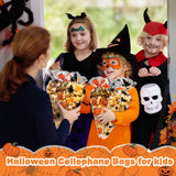 200 Pcs Halloween Cone Treat Bags – Pumpkin, Ghost, Bat & Spider Designs for Candy, Cookies & Party Favors (Cellophane, 4 Styles)