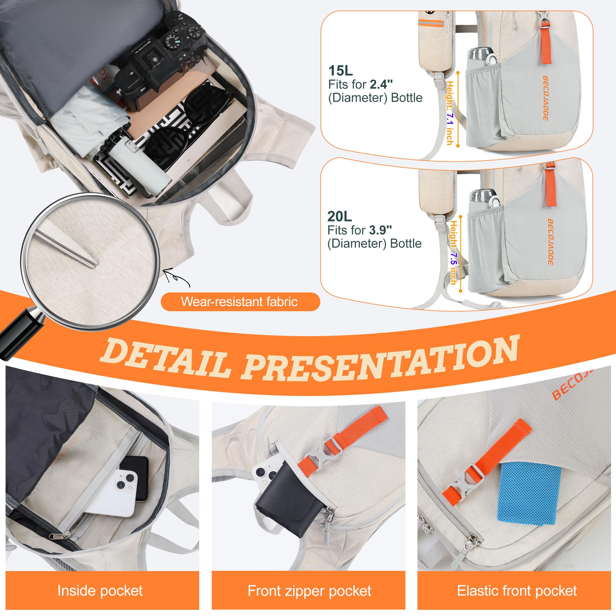BECOJADDE 15L Ultralight Packable Hiking Backpack – Foldable Mini Daypack for Travel, Camping & Outdoor Use – Beige
