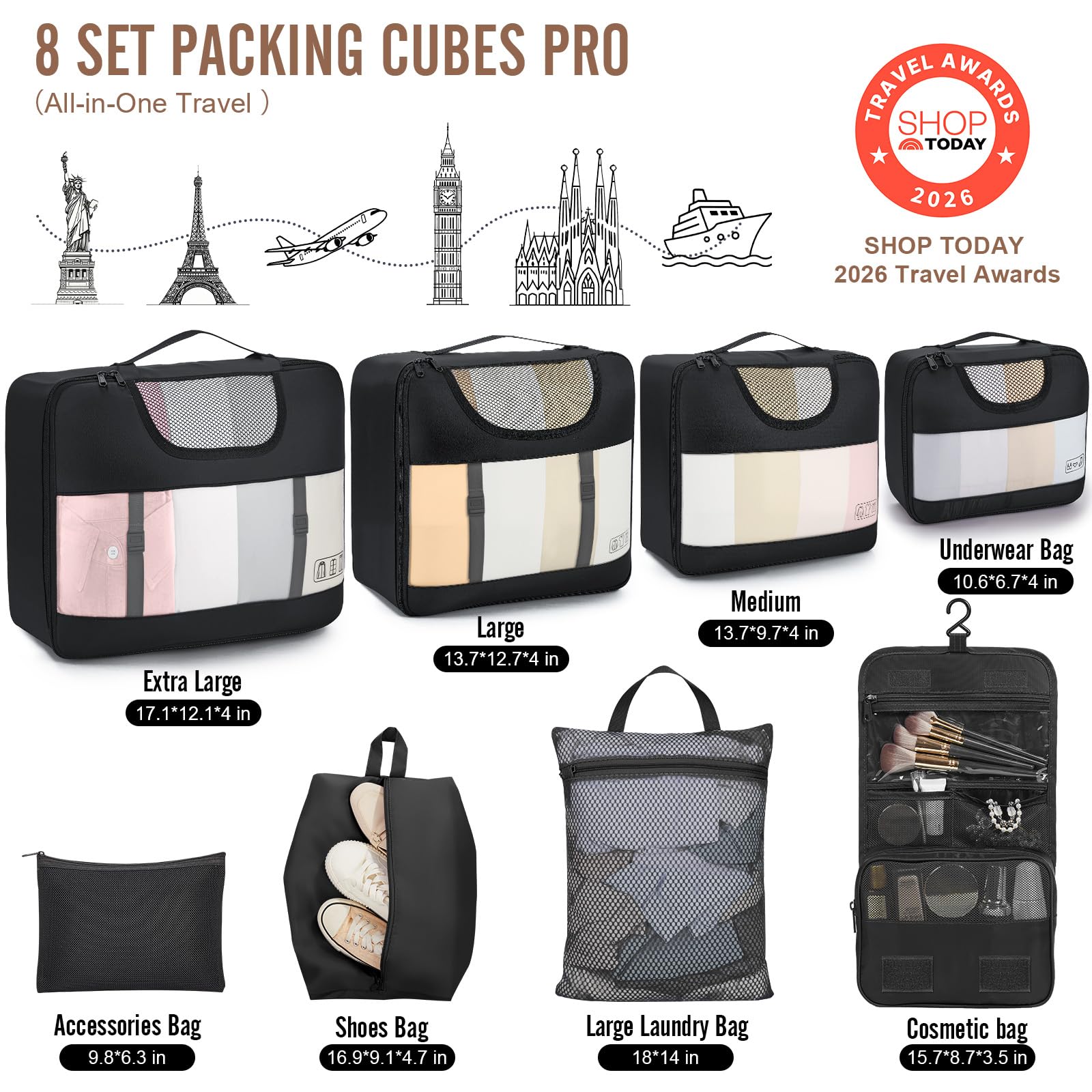 Travel Packing Cubes Set with Hanging Toiletry Bag – Lightweight Luggage Organizer Bags with Breathable Mesh & Laundry Bag