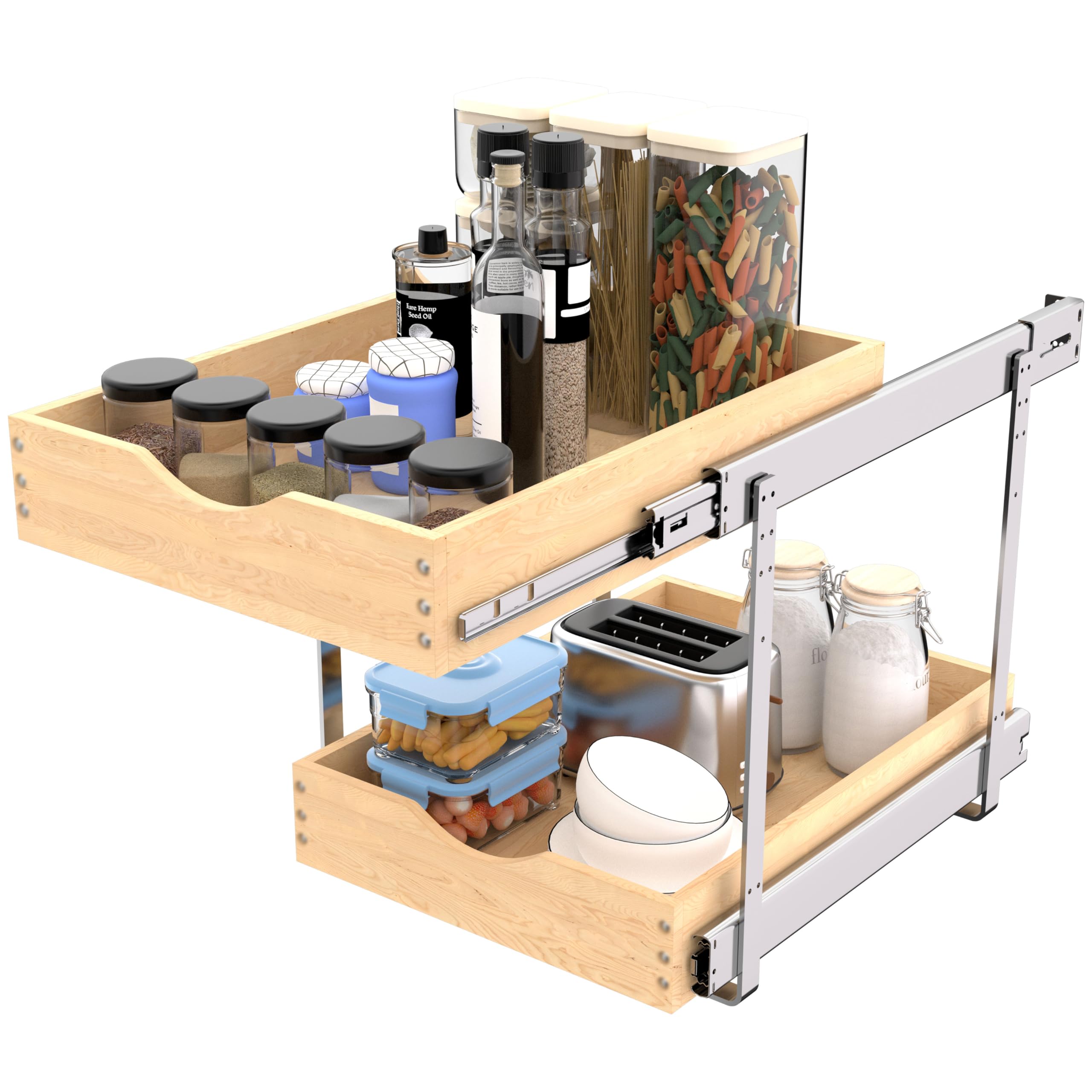 Jowboow Compact 2-Tier Wooden Pull-Out Cabinet Shelves – Heavy-Duty Independent Slide-Out Drawers