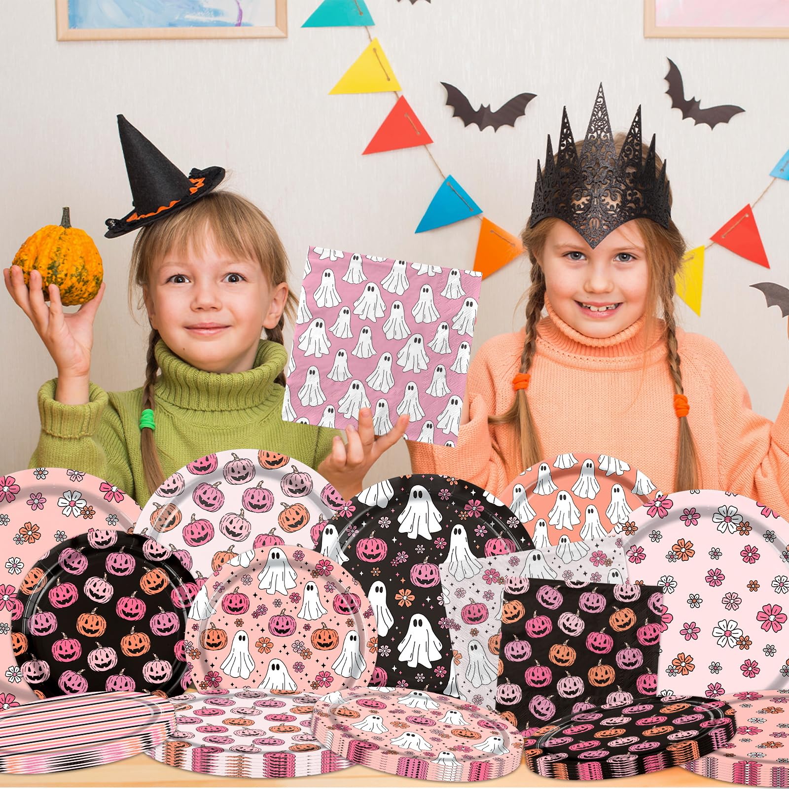 Pink & Black Halloween Party Plates Set – 60 Pcs Disposable Plates & Napkins with Pumpkin & Ghost Designs for Birthday & Baby Shower