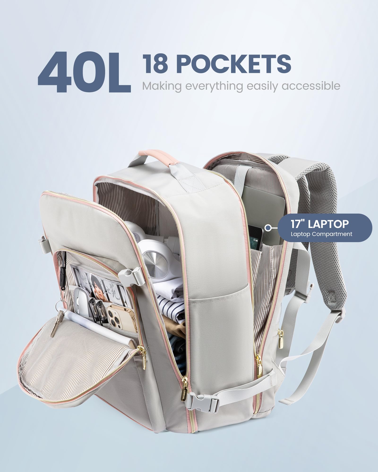 LOVEVOOK 40L Airline-Approved Carry-On Travel Backpack with Packing Cubes & Wet Pocket – Gray Pink