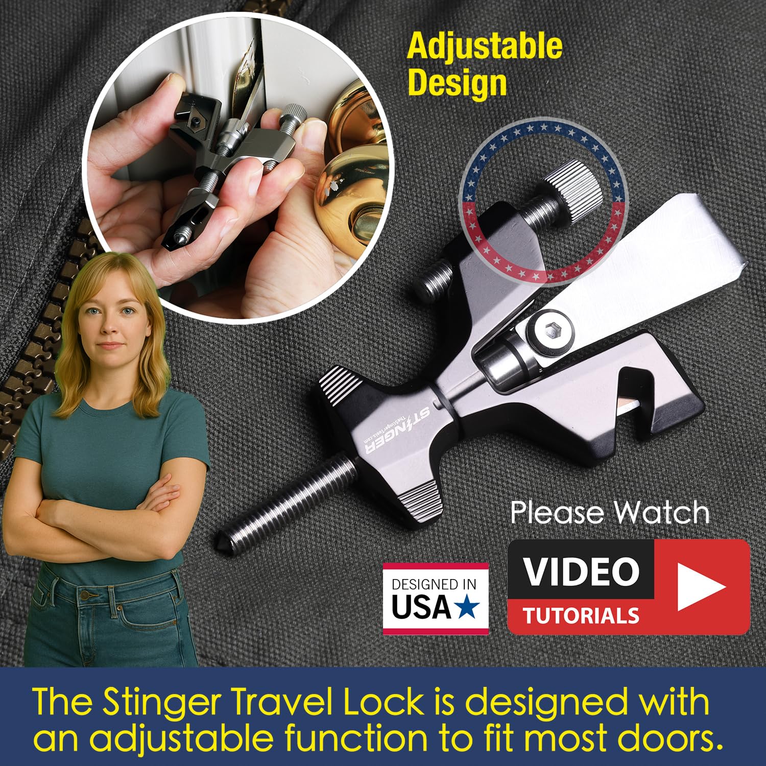 STINGER Metal Portable Door Lock – Heavy-Duty Travel Security with Glass Breaker & Seatbelt Cutter (Gray)
