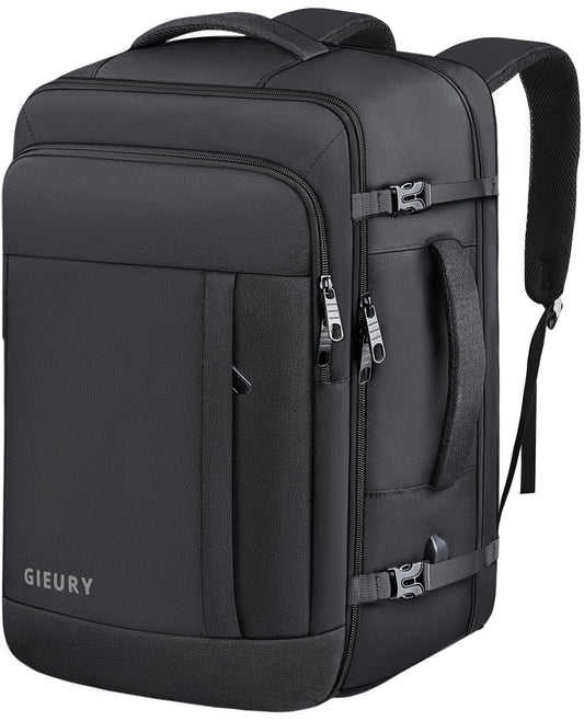 GIEURY 50L Expandable Carry On Travel Backpack with TSA 180° Opening and Shoe Compartment – Black