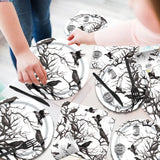 Halloween Crows Party Supplies – 144 Pcs Black & White Plates, Cups, Napkins & Cutlery Set for 24 Guests
