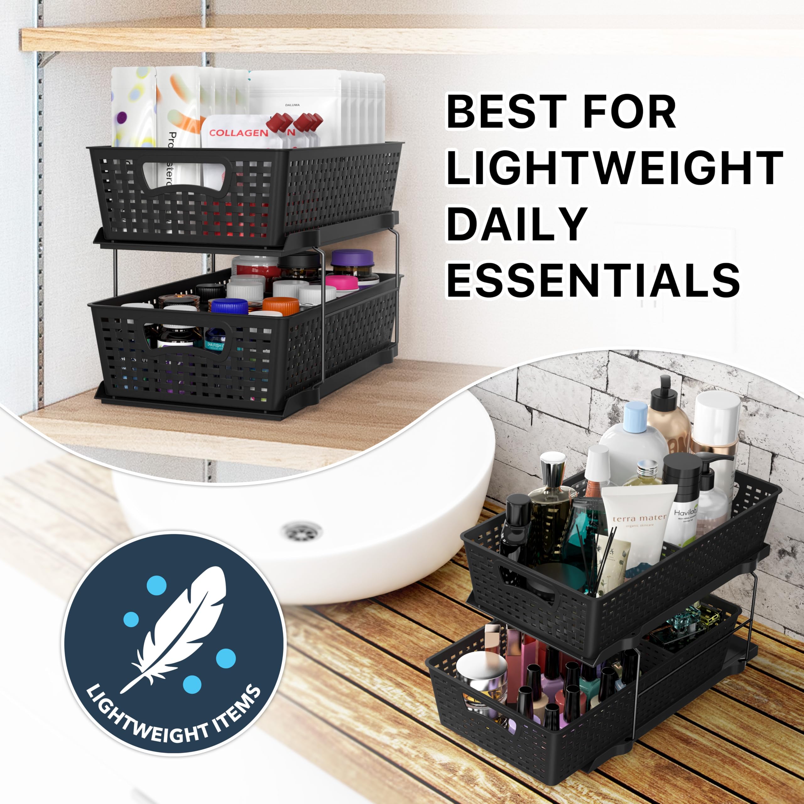 2-Tier Pull-Out Under Sink Organizer – Black Sliding Drawer Storage for Bathroom & Cabinets
