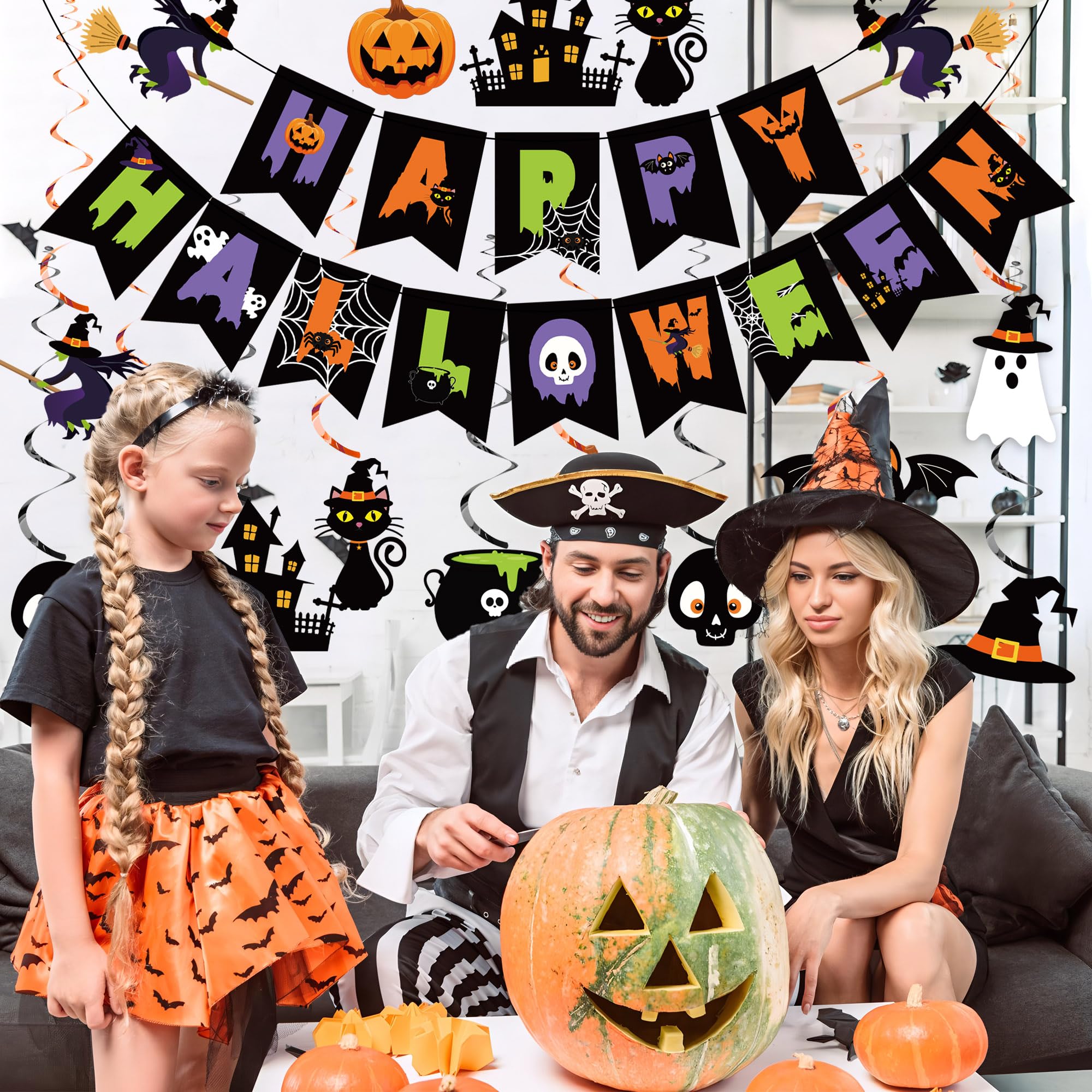 Happy Halloween Banner & Hanging Swirls Set – 32PCS Multicolor Party Decorations with Witches, Ghosts & Pumpkins