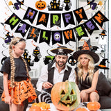 Happy Halloween Banner & Hanging Swirls Set – 32PCS Multicolor Party Decorations with Witches, Ghosts & Pumpkins