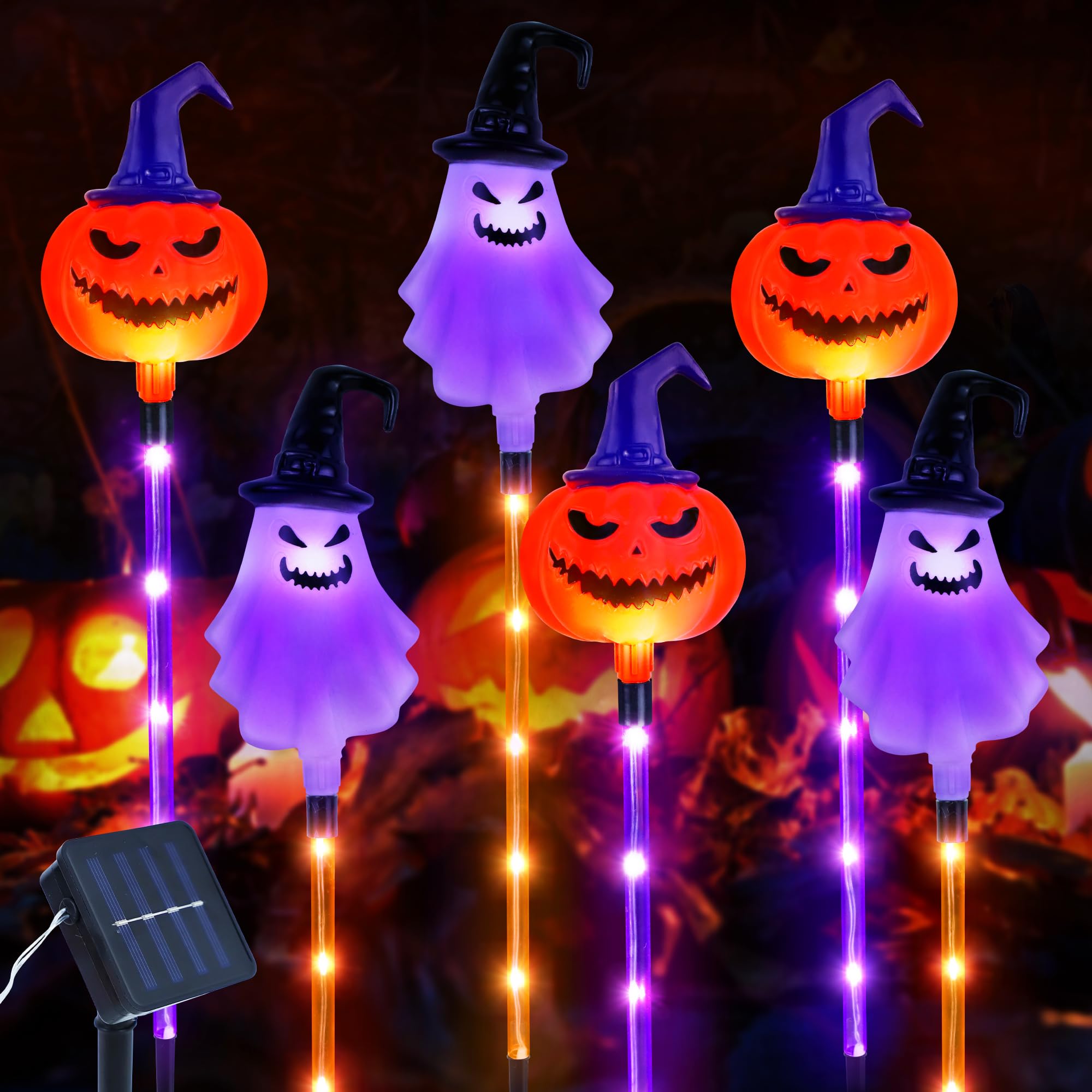 Solar Halloween Pathway Lights 2024 – 6-in-1 Purple & Orange LED Pumpkins & Ghosts with 8 Modes & Waterproof Design