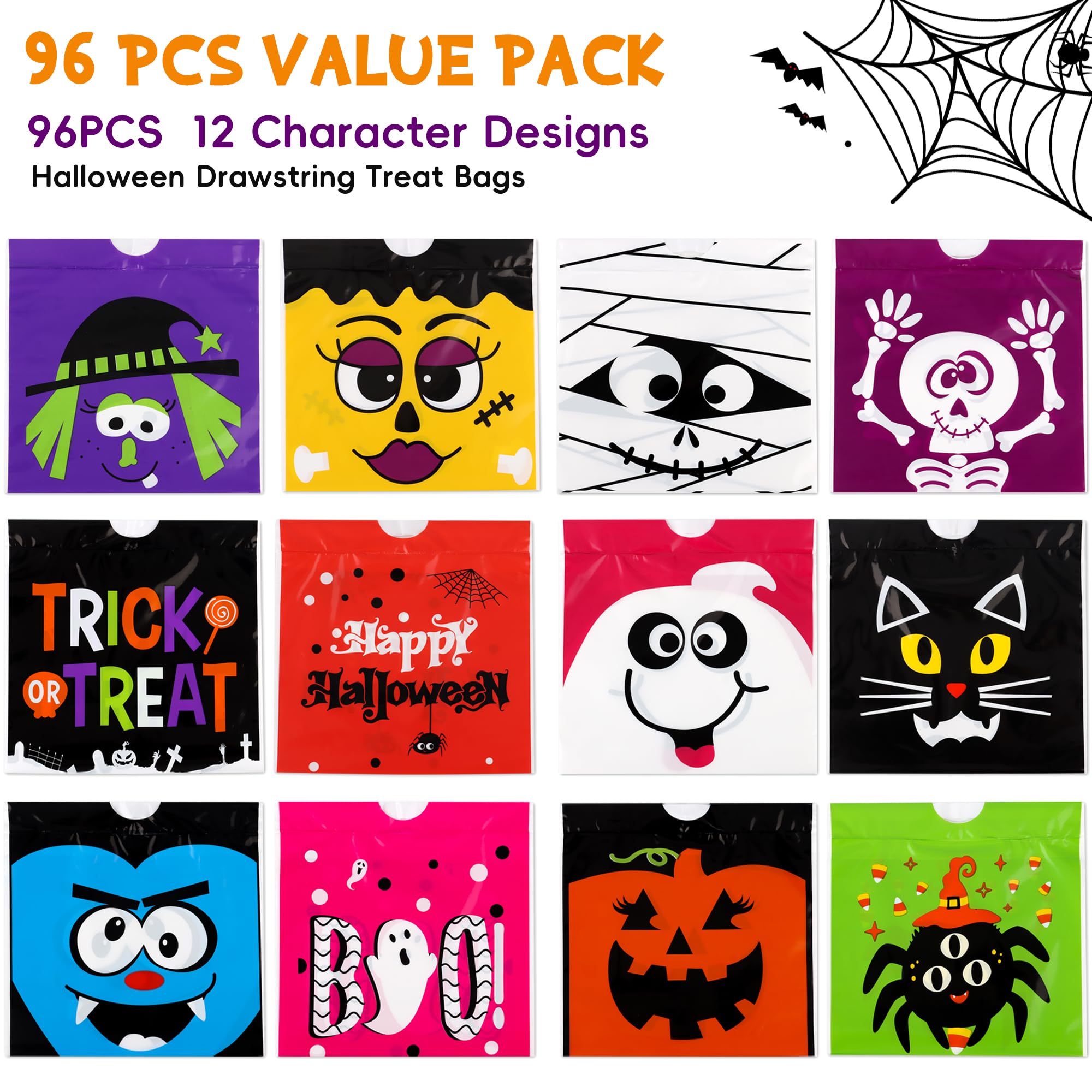 96-Pack Halloween Drawstring Candy Bags – 12 Cute Designs, Durable 6x6" Trick-or-Treat Goodie Bags for Kids & Parties