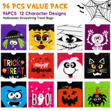 96-Pack Halloween Drawstring Candy Bags – 12 Cute Designs, Durable 6x6" Trick-or-Treat Goodie Bags for Kids & Parties