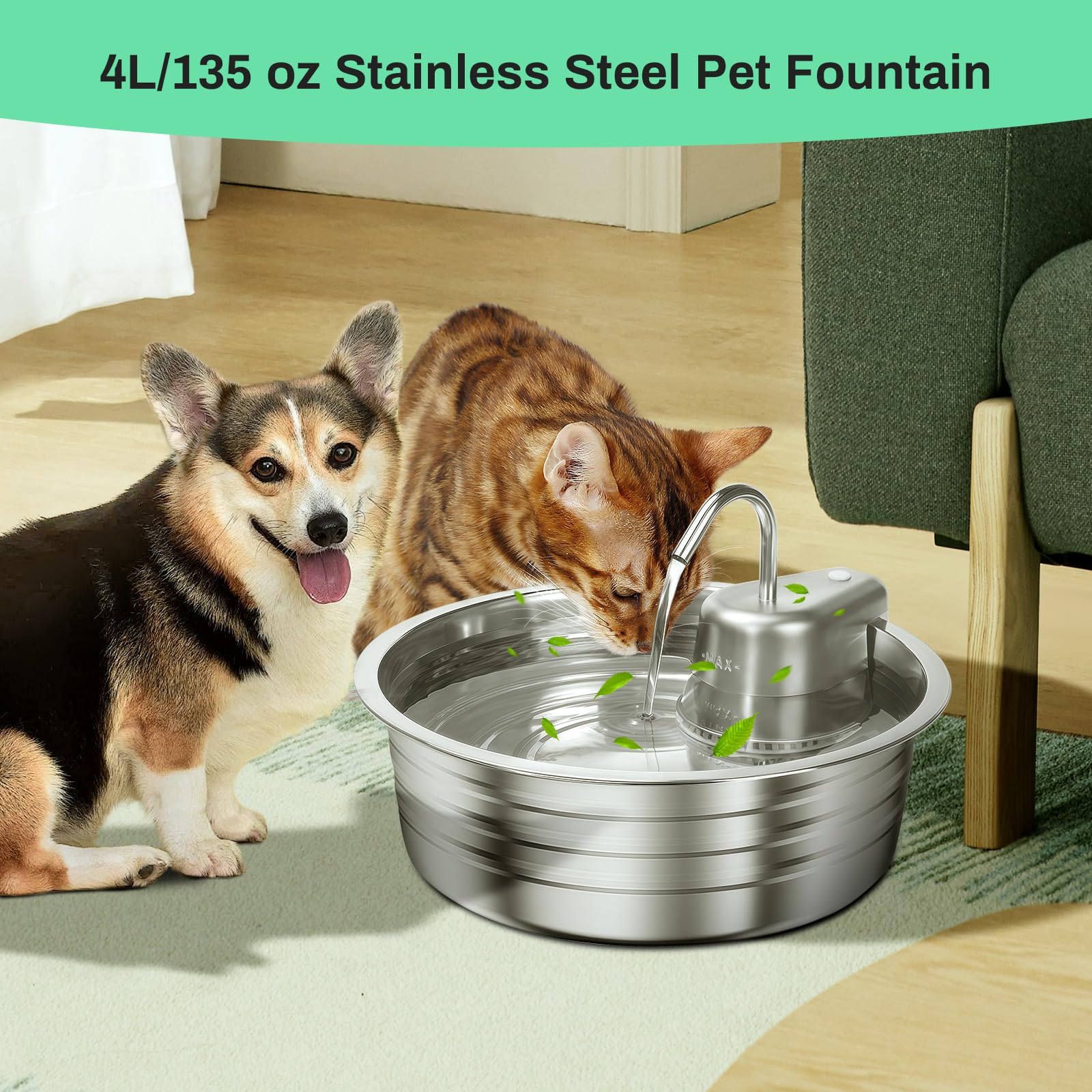 4L Stainless Steel Cat & Dog Water Fountain with Quad Filtration, Ultra Quiet Pump & High-Capacity Automatic Pet Hydration System – Silver