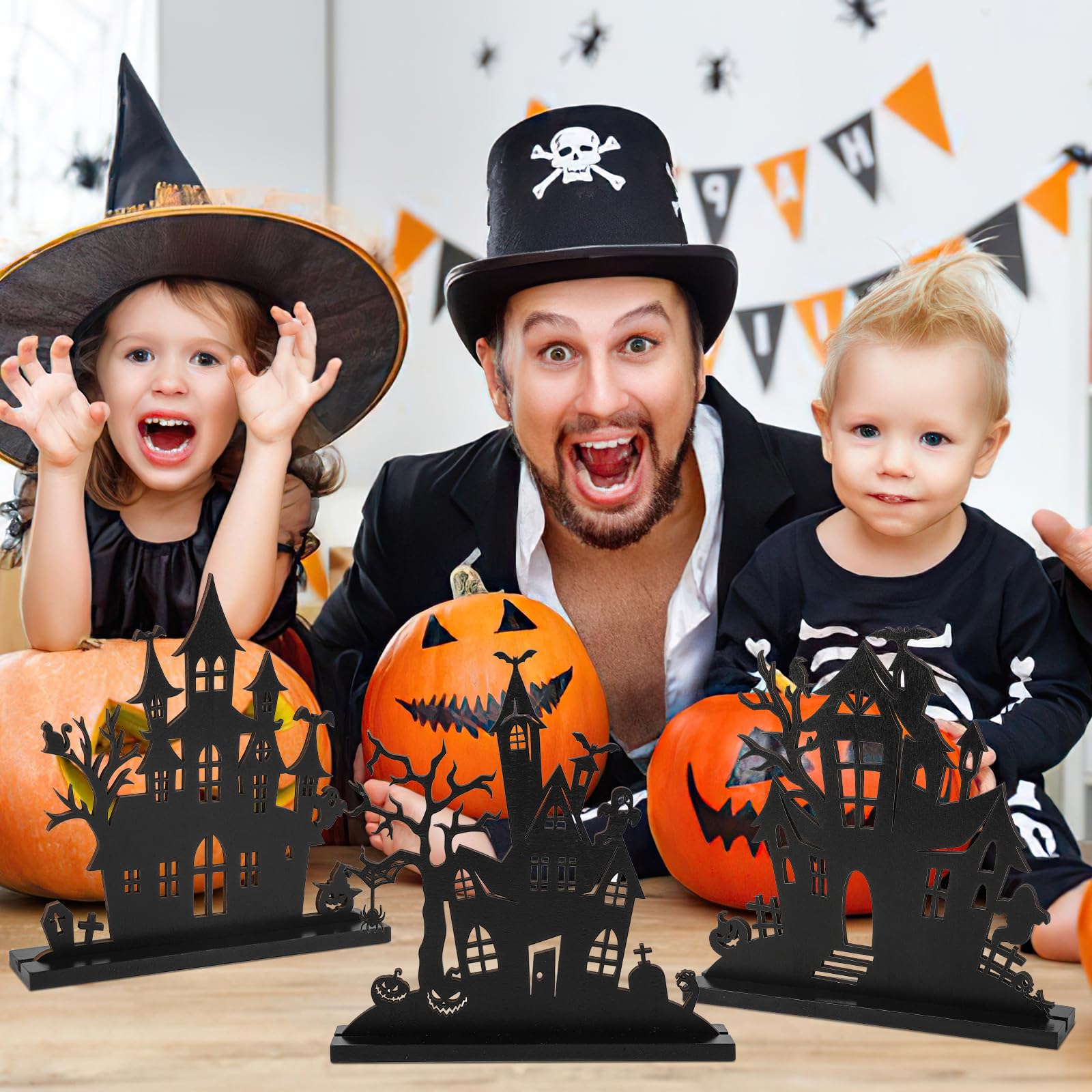 Haunted House Wooden Table Decor – 3Pcs Tiered Tray Halloween Centerpieces with Double-Sided Design (Black, Vintage Style)