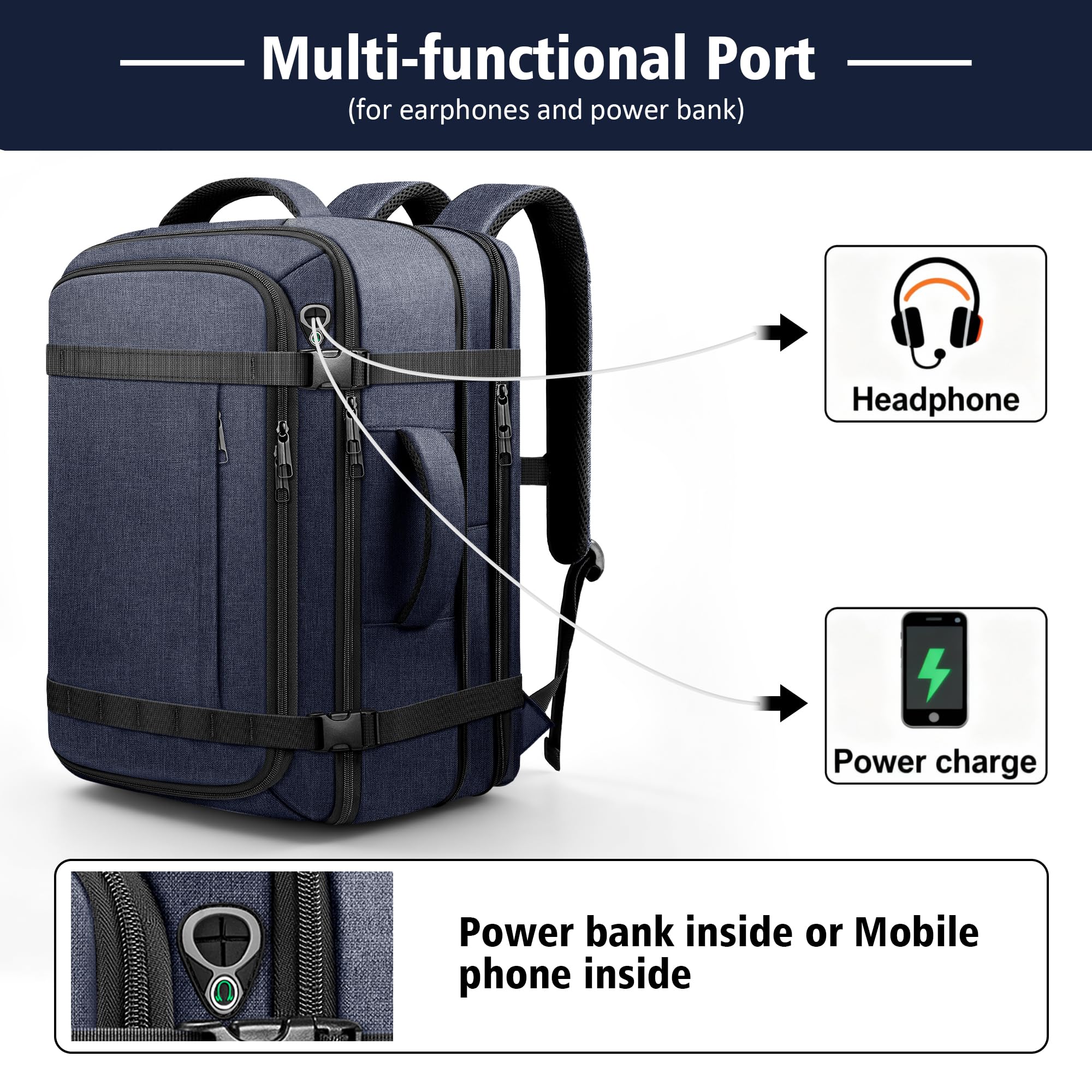 Expandable 40–50L Carry-On Travel Backpack with USB Cable Port – 17.3” Laptop, Blue