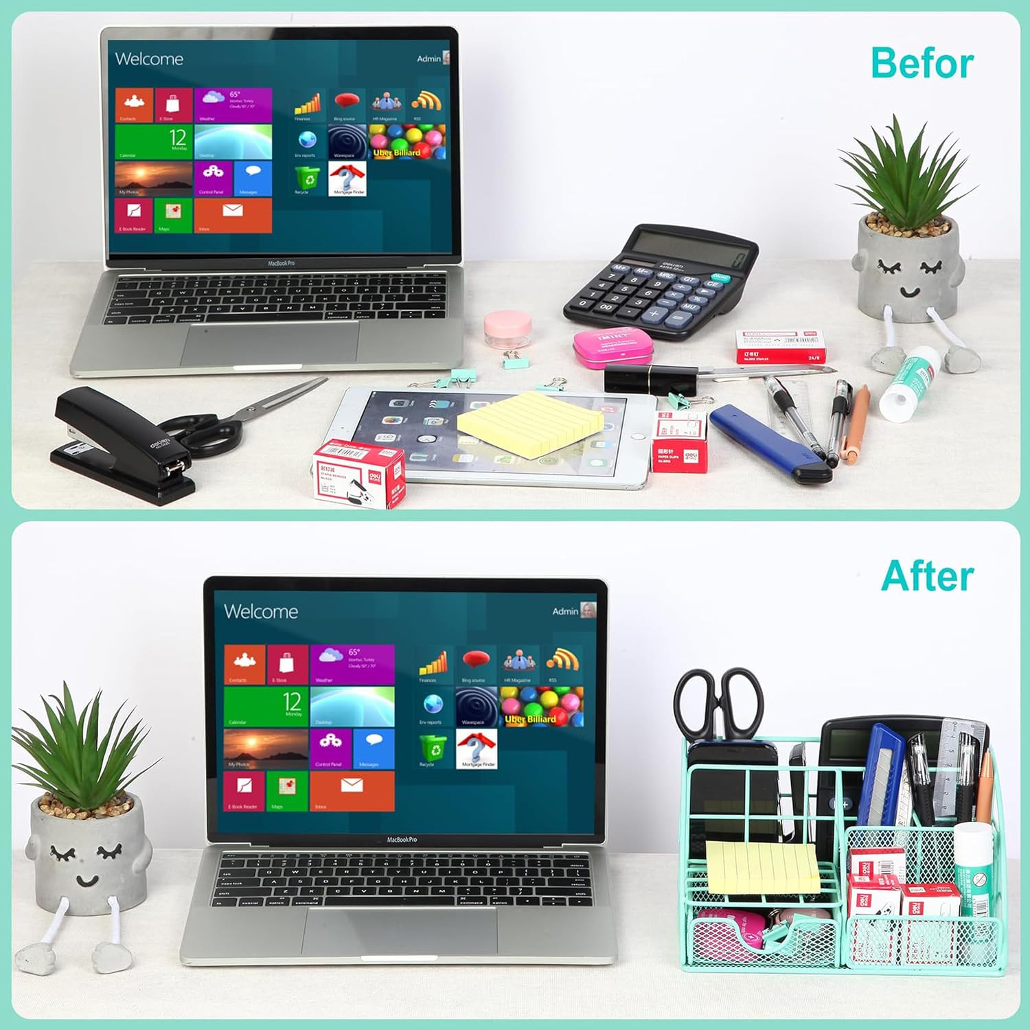 Green Desk Organizer and Office Supplies Set