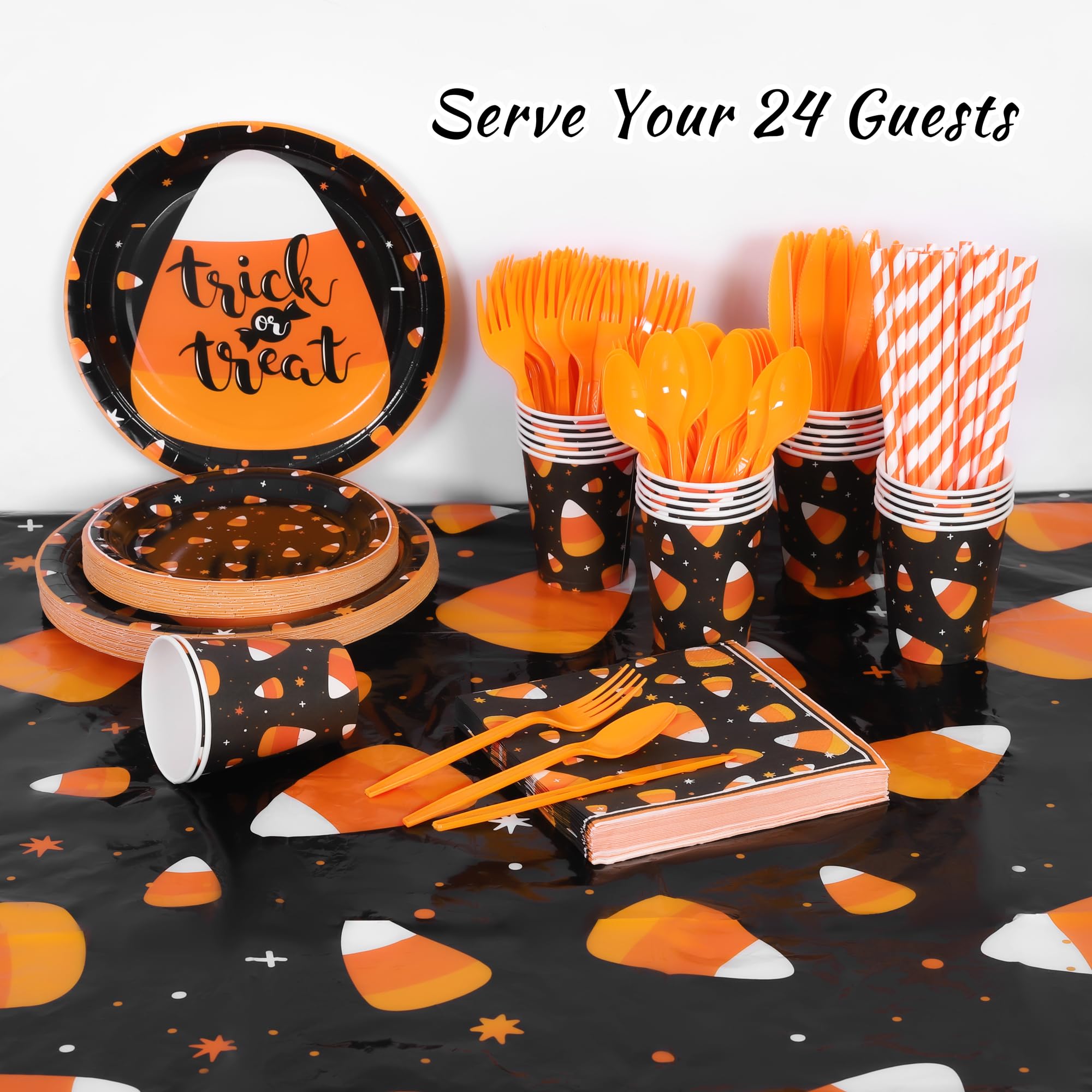 Halloween Candy Corn Party Tableware Set – 193 Pcs Plates, Cups, Napkins & Cutlery for 24 Guests