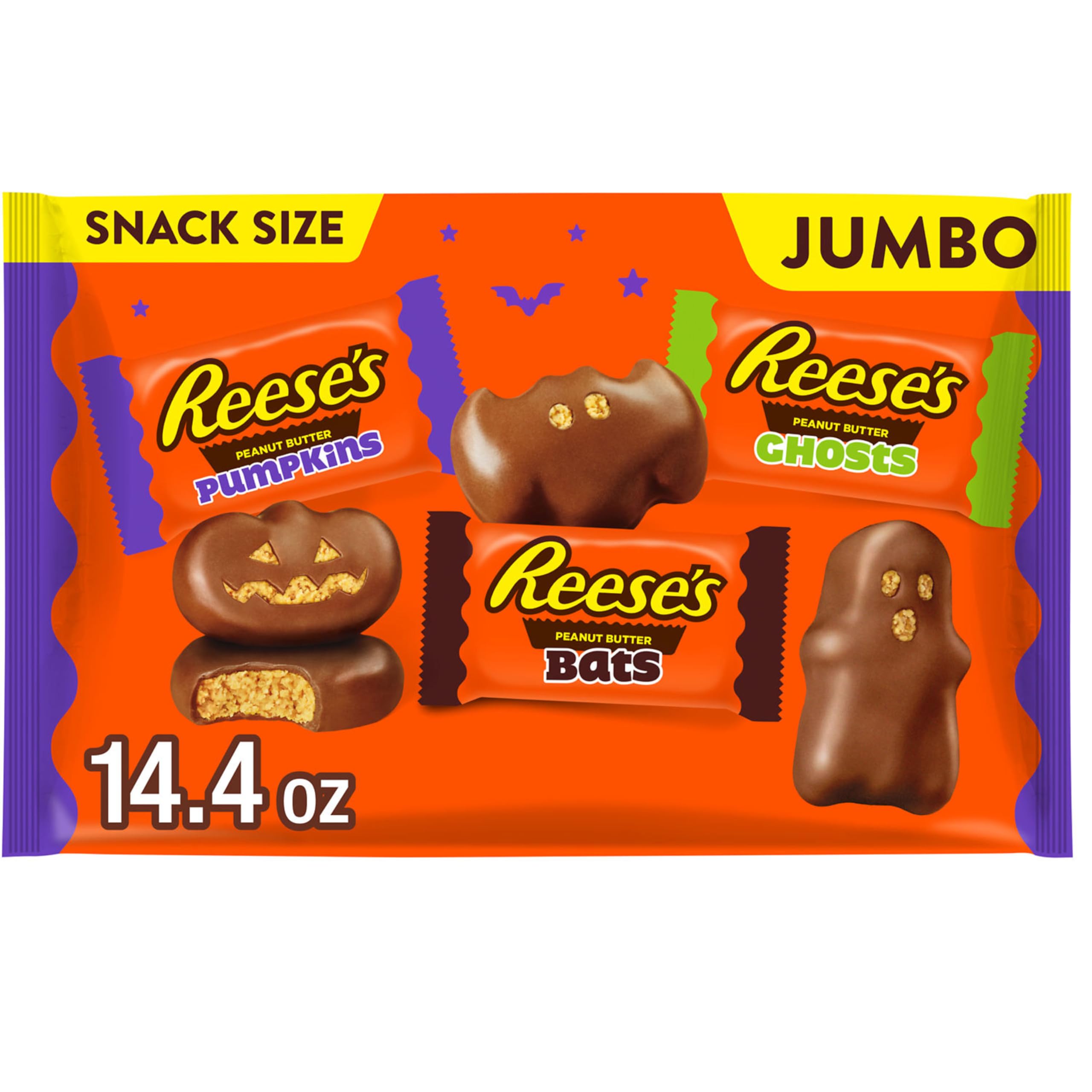 REESE’S Assorted Milk Chocolate Peanut Butter Shapes – Snack Size Halloween Candy, 14.4 oz Bag