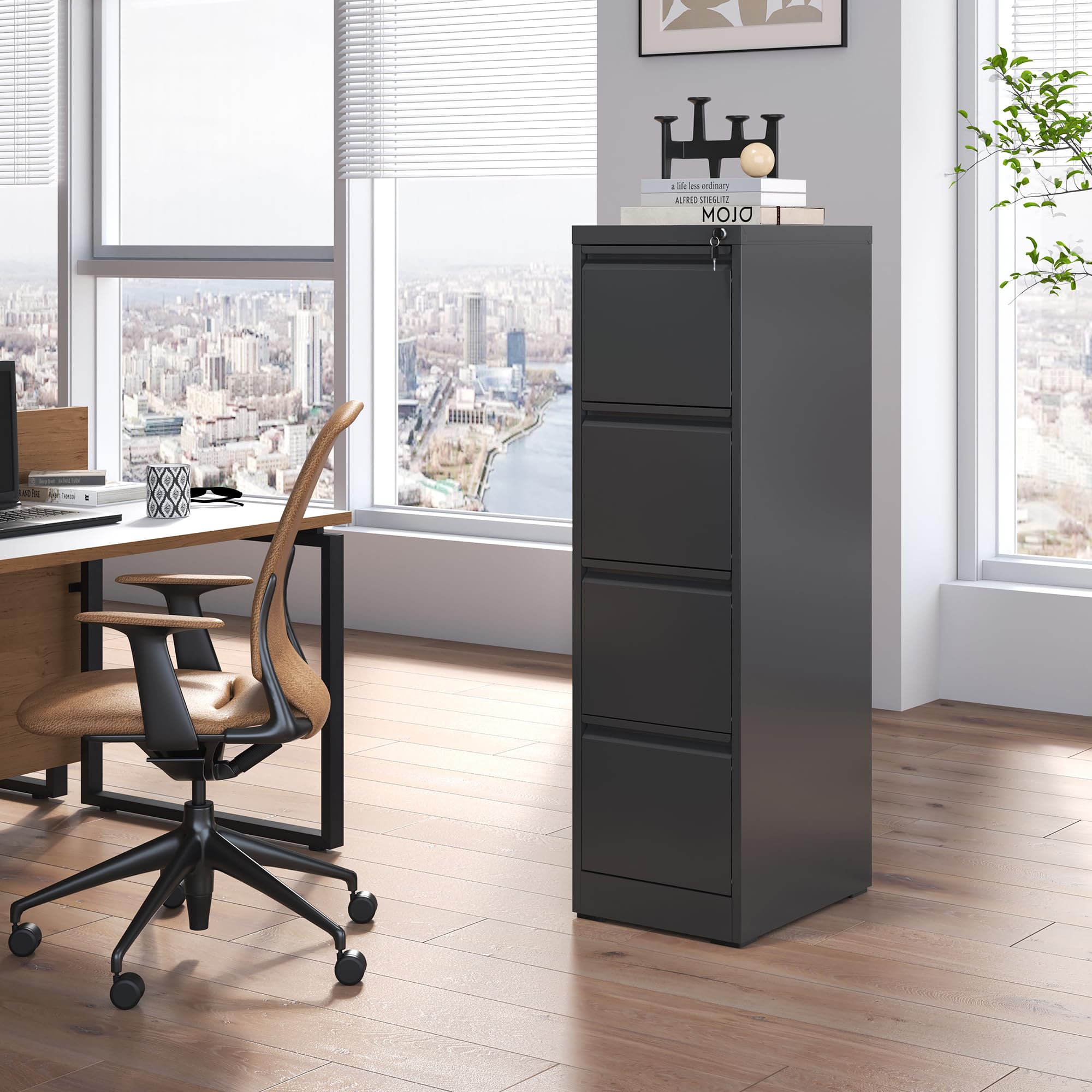4-Drawer Locking Metal File Cabinet – Vertical Steel Filing Cabinet for Letter & Legal Files, Black