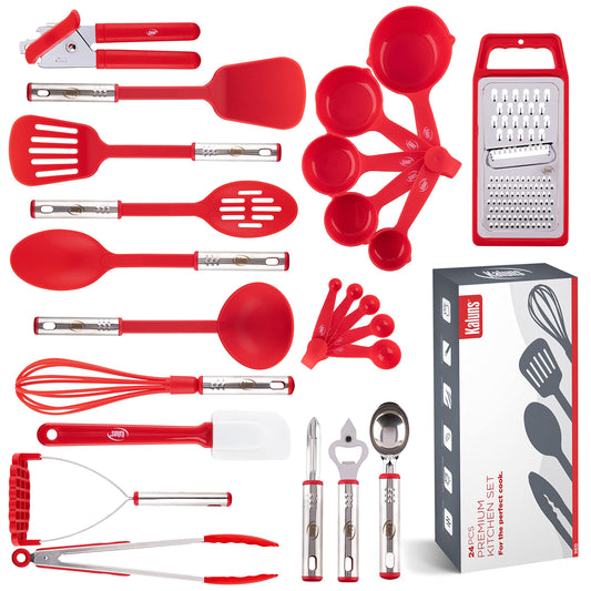 24-Piece Nylon & Stainless Steel Kitchen Utensil Set – Heat Resistant, Non-Stick Safe (Red)