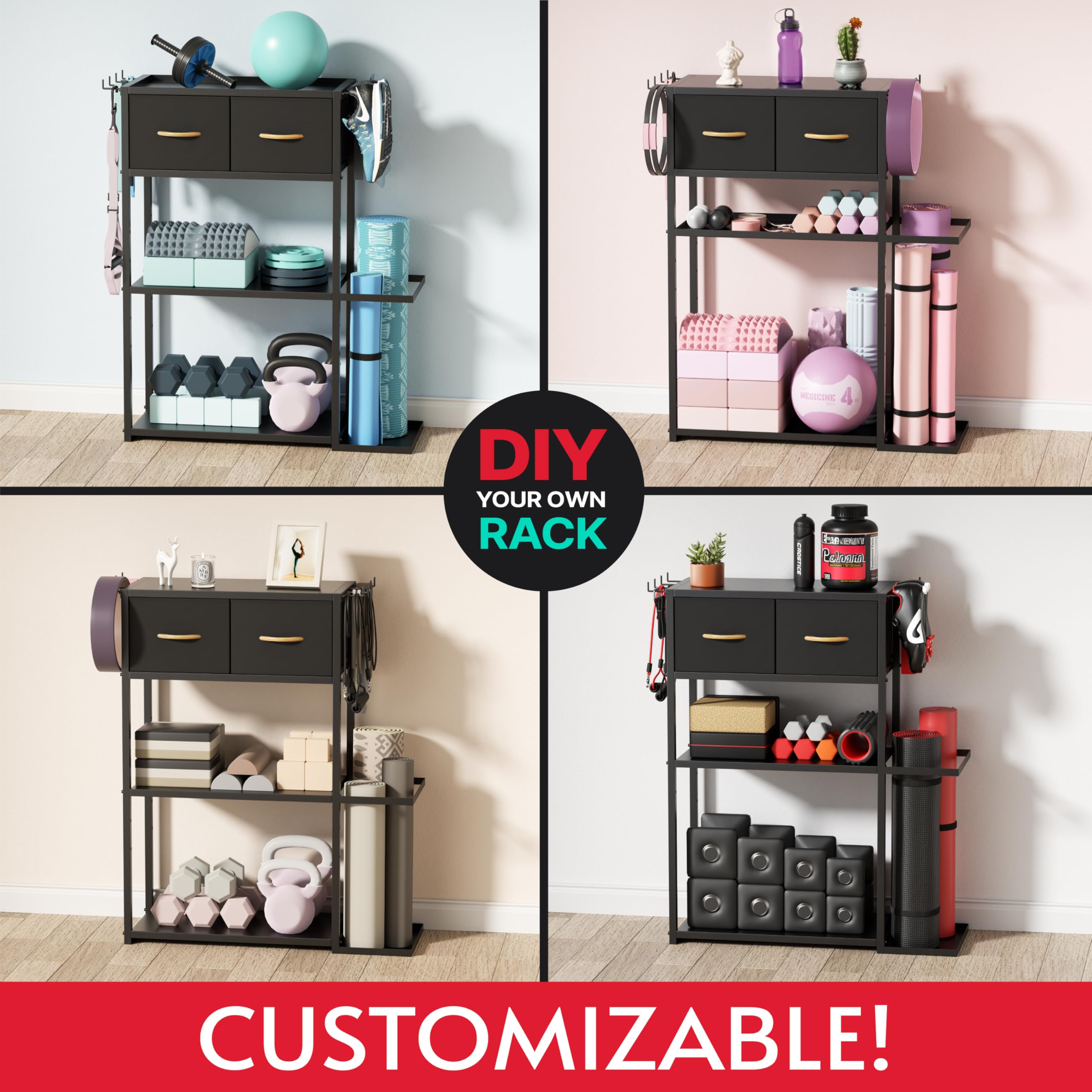 Crostice Home Gym Storage Shelf Stand – Adjustable 4-Tier Weight Rack with Fabric Drawer for Dumbbells & Workout Gear (Black)