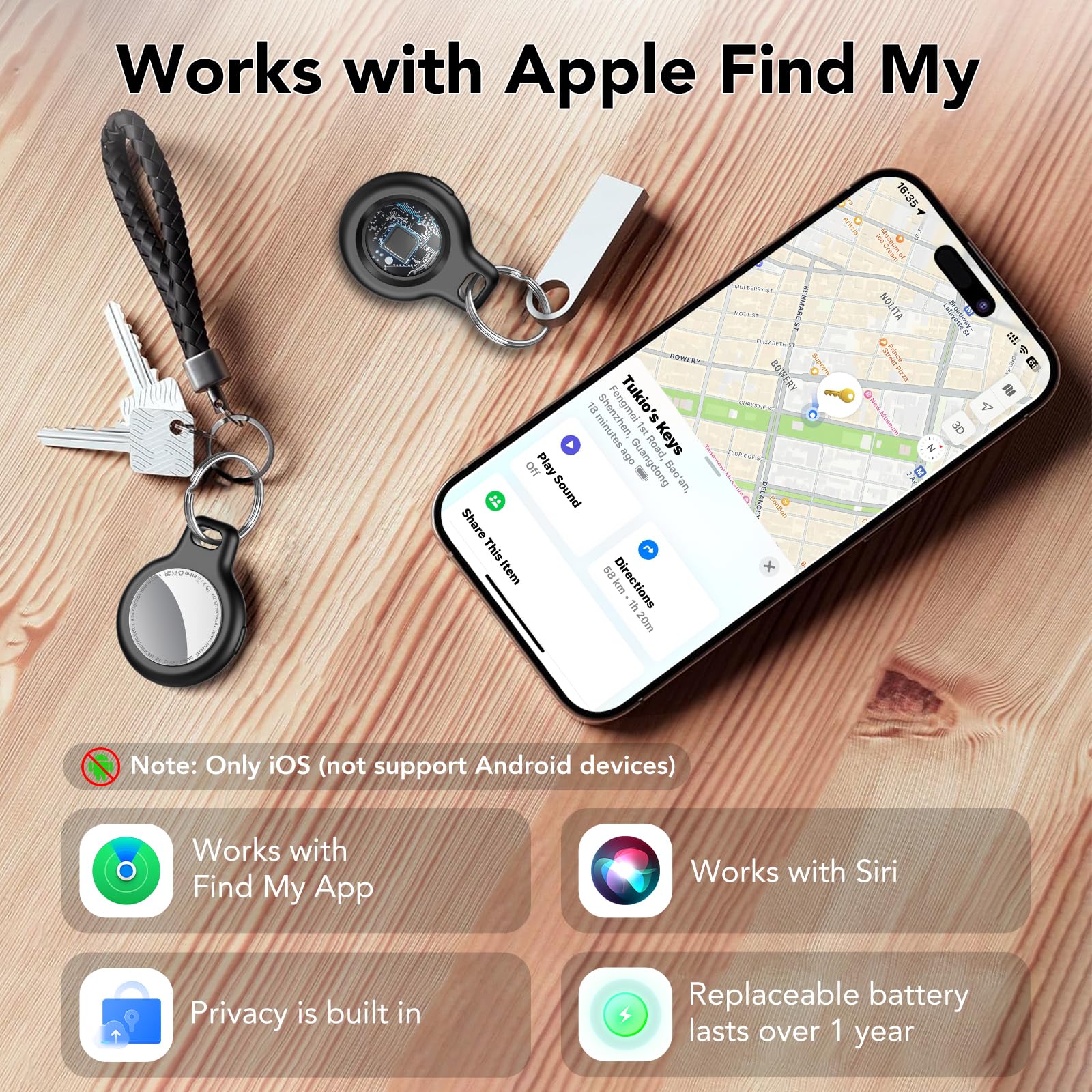 Tukio Bluetooth Tracker Tag 4 Pack, Apple Find My Compatible Item Locator, IP67 Waterproof Smart Key Finder with Loud Alert and Replaceable Battery