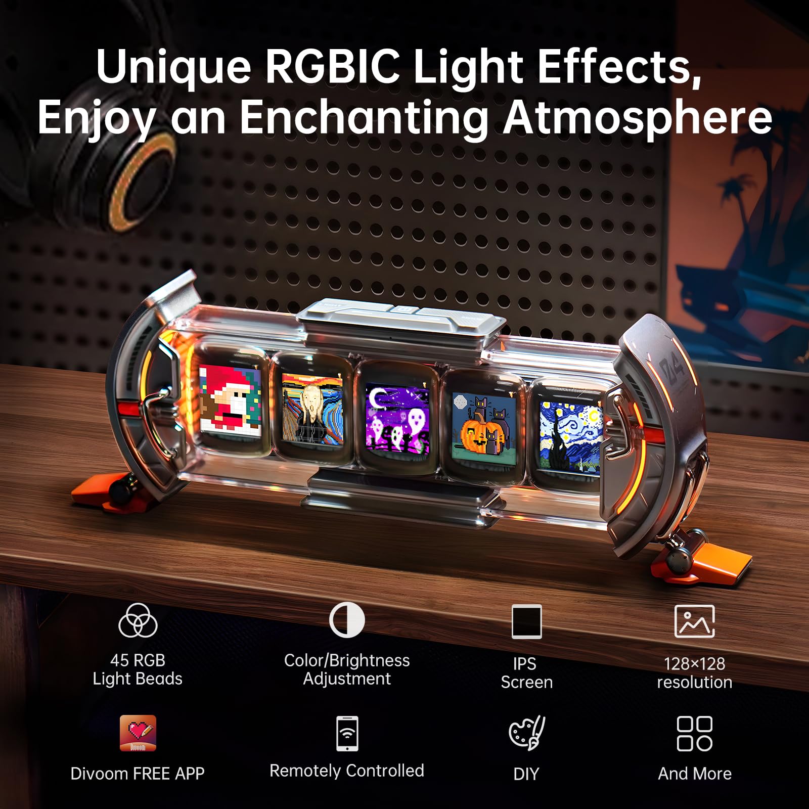Divoom Times Gate Cyberpunk RGB Pixel Display Desk Clock – WiFi Smart Data Dashboard Gaming Decor Silver