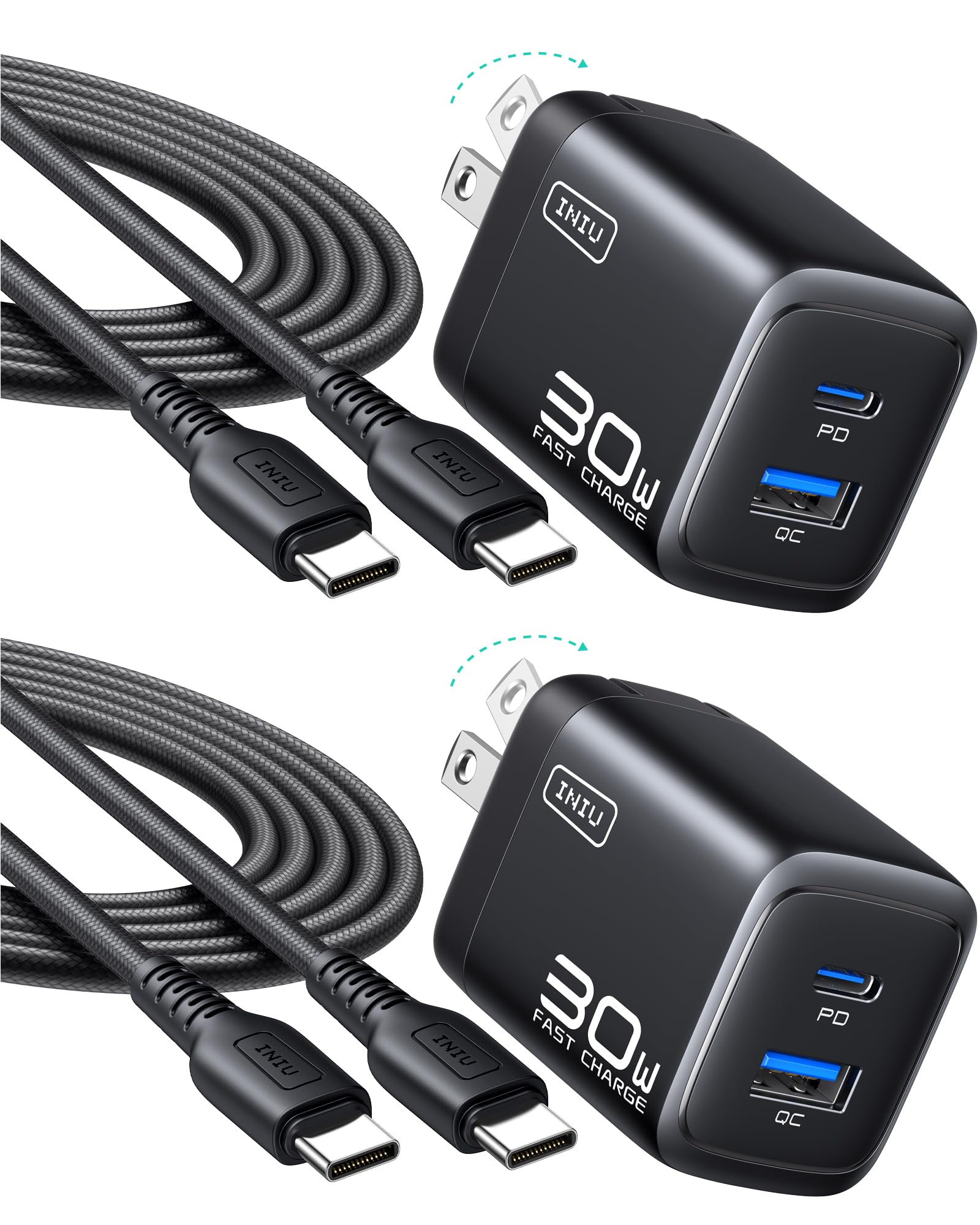 INIU 30W GaN Fast Charger – Dual Port USB-C Wall Charger with Fast Charging Cable