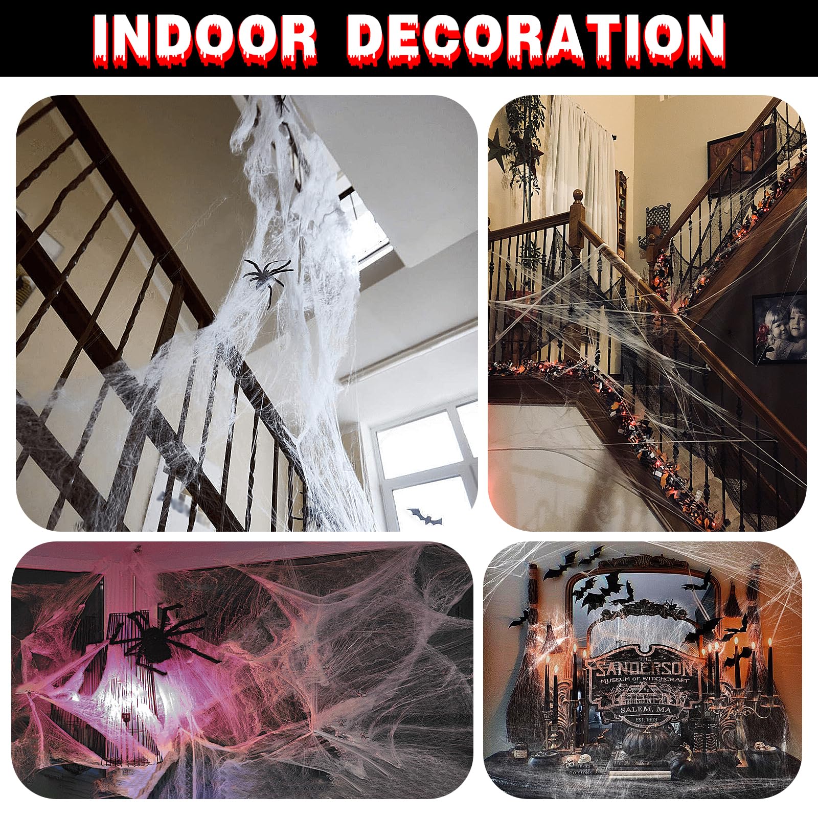 Halloween Spider Web & Creepy Cloth Decoration Set – 1500 Sqft Stretchy Web with 100 Spiders & 2 Black Cloths for Indoor/Outdoor Haunted Décor
