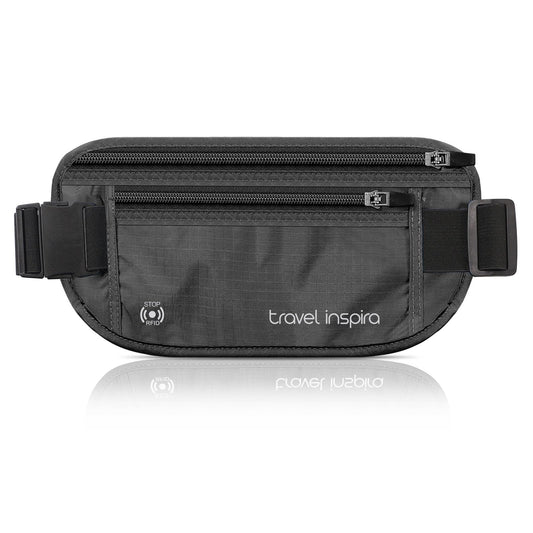 Travel Inspira Hidden RFID Money Belt – Secure Anti-Theft Passport & Card Wallet (Black Edition)