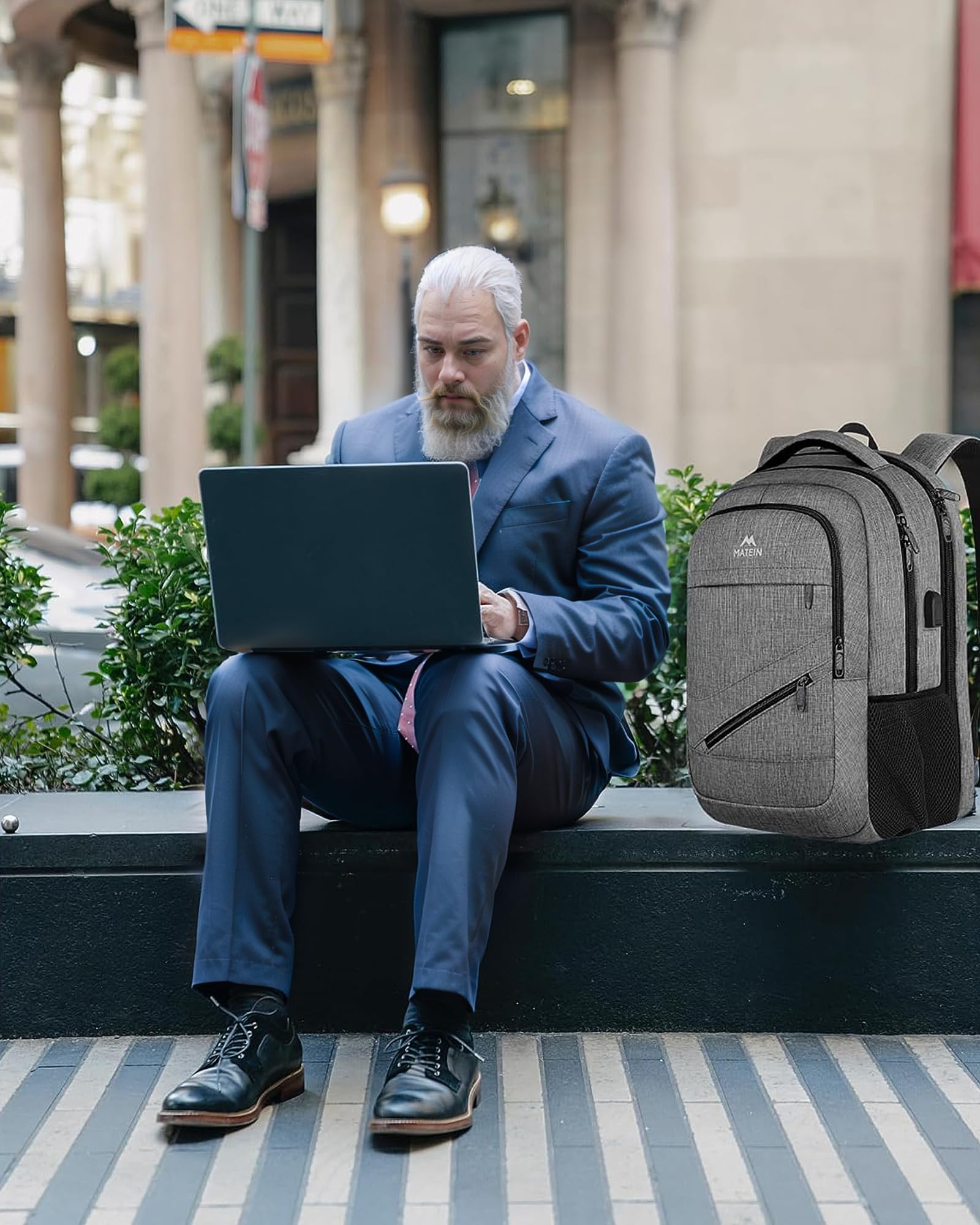 Matein 17″ TSA-Approved Travel Laptop Backpack – Large Carry-On with USB Charging & Trolley Sleeve (Grey)