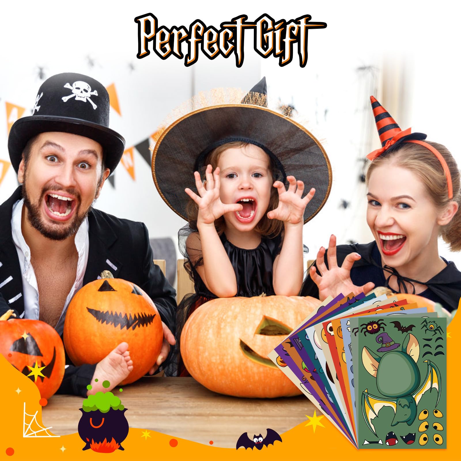 Halloween Face Sticker Set – 36 Sheets Mix & Match Googly Eyes, Witch, Ghost & Pumpkin Designs (Multi-Color)