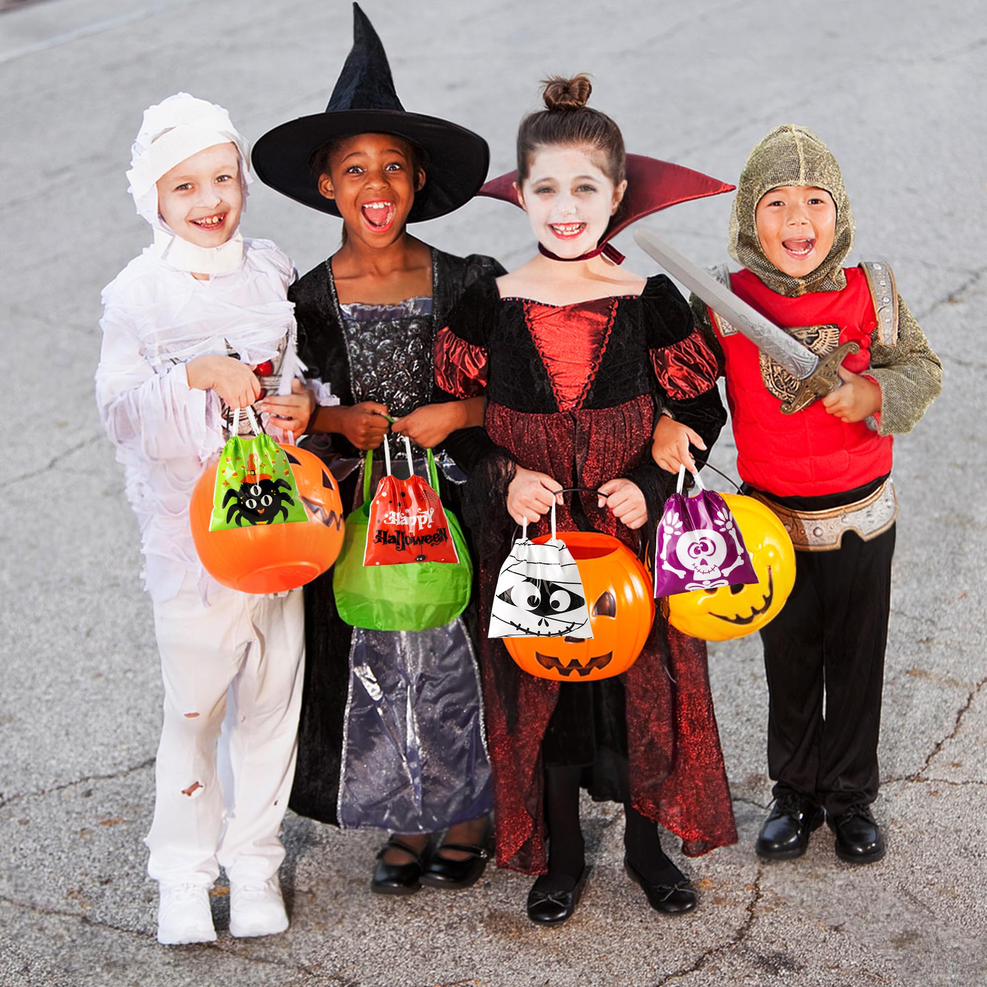96-Pack Halloween Drawstring Candy Bags – 12 Cute Designs, Durable 6x6" Trick-or-Treat Goodie Bags for Kids & Parties