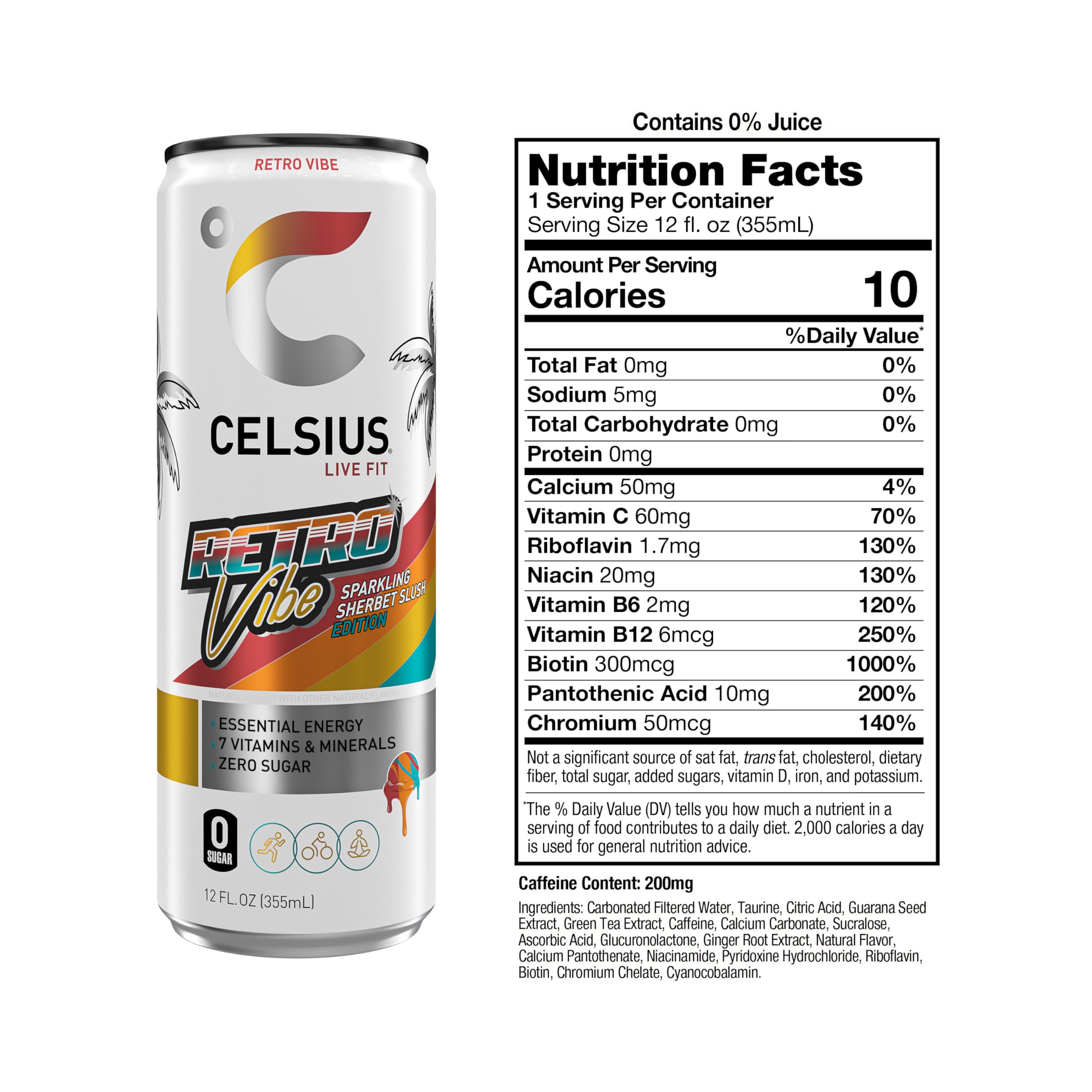 CELSIUS Retro Vibe Energy Drink, Sugar-Free with 200mg Caffeine & Essential Vitamins – Sparkling Raspberry Citrus, 12 Pack