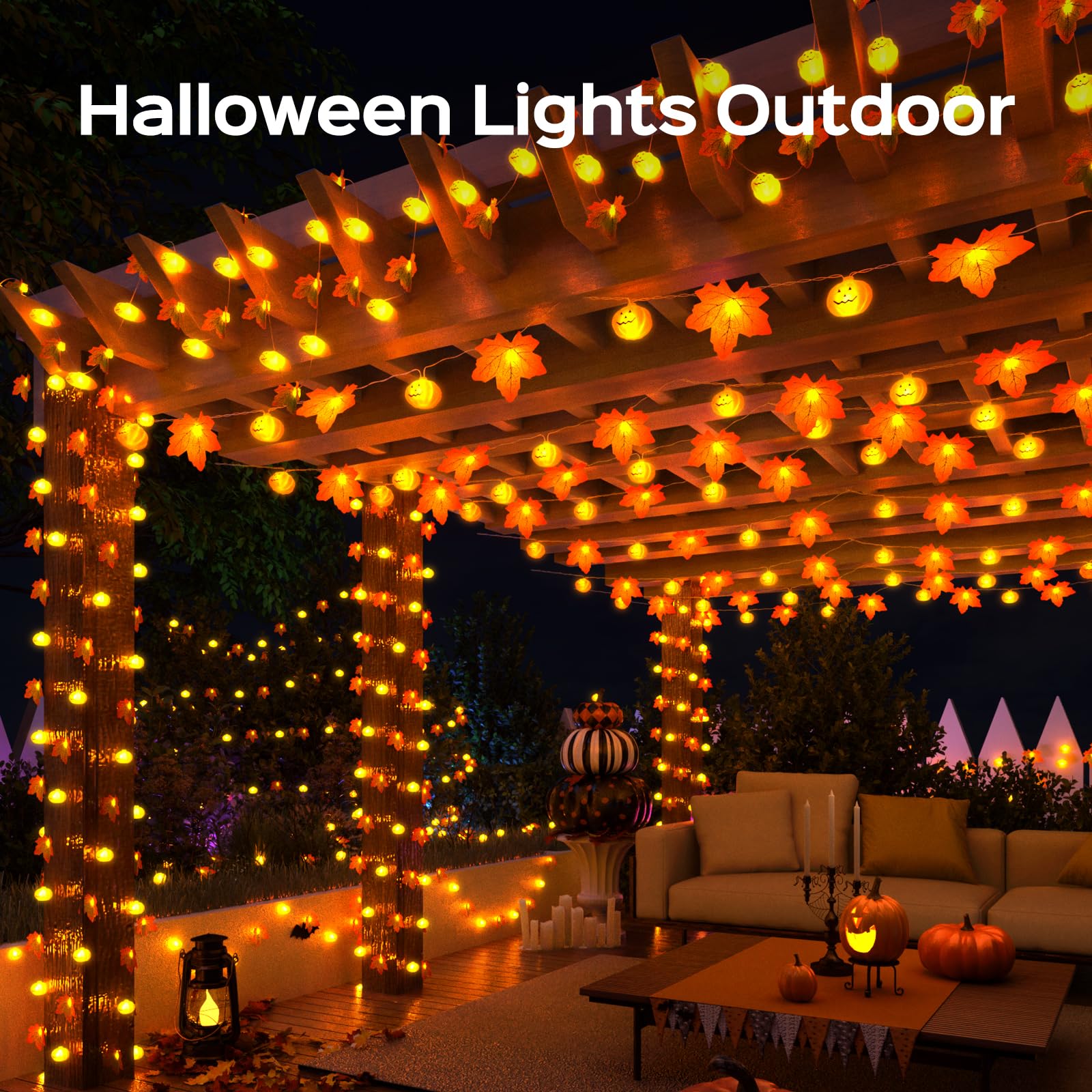 Pumpkin & Maple Leaf Halloween String Lights – 15FT Battery-Powered Warm White LEDs with Remote, 8 Modes & Timer (Waterproof, Indoor/Outdoor)