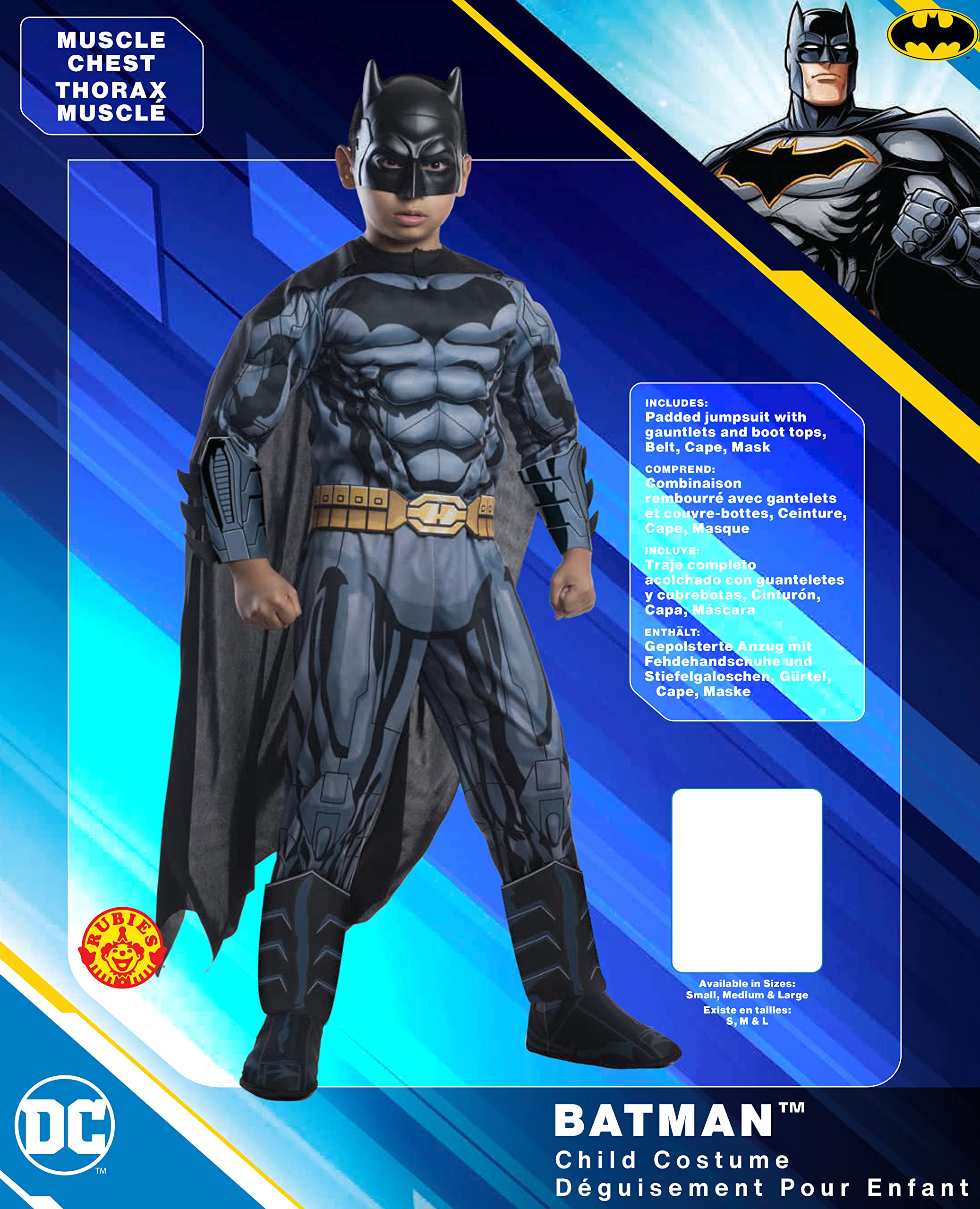 Batman Boys Deluxe Muscle Chest Costume – Padded Jumpsuit with Cape, Belt & Mask (Size Small 4–6)
