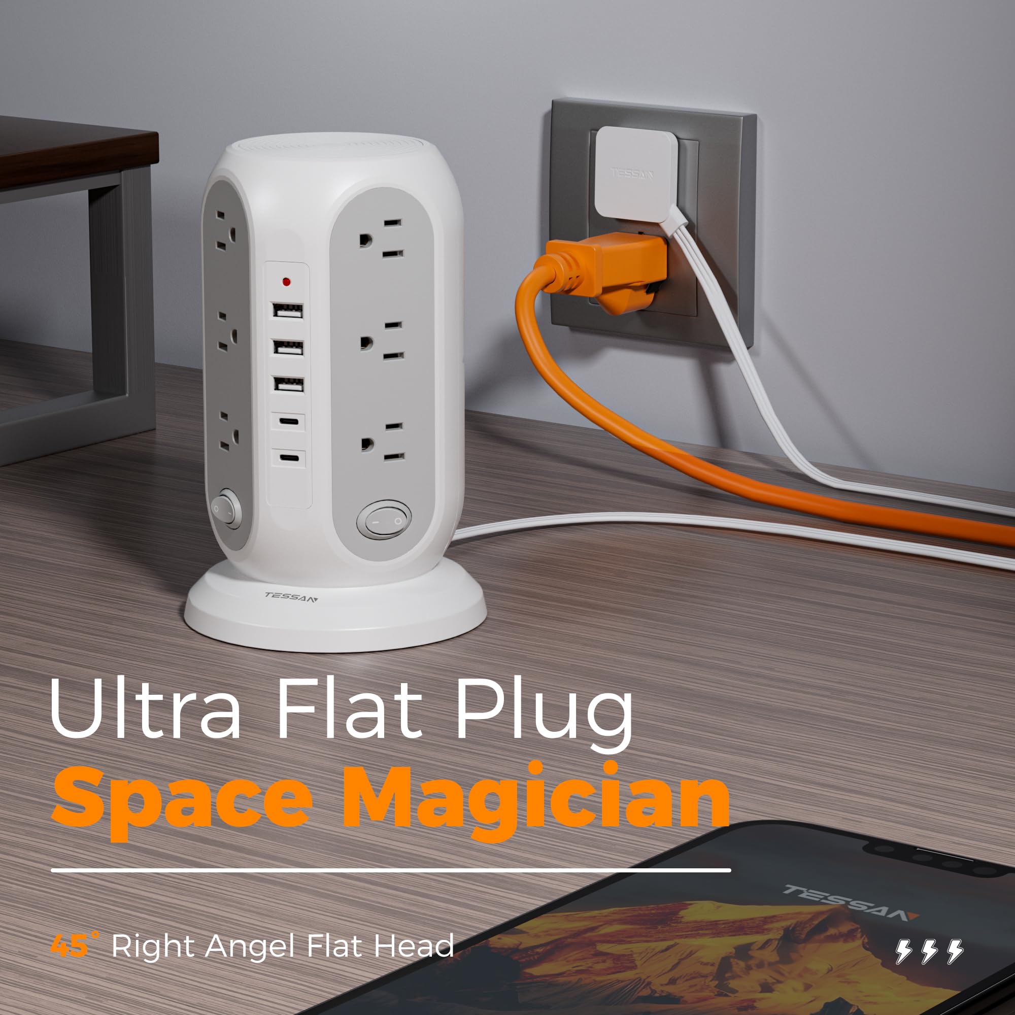 TESSAN 17-in-1 Tower Power Strip Surge Protector with 12 Outlets, 5 USB Ports & Individual Switches Flat Plug Extension Cord