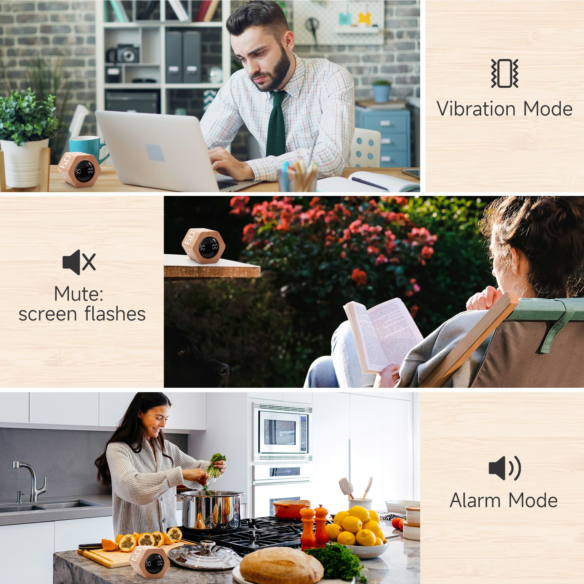 EXLLIY Wood Grain Gravity Cube Timer with Vibration Mode, Illuminated Display & USB-C Rechargeable Design
