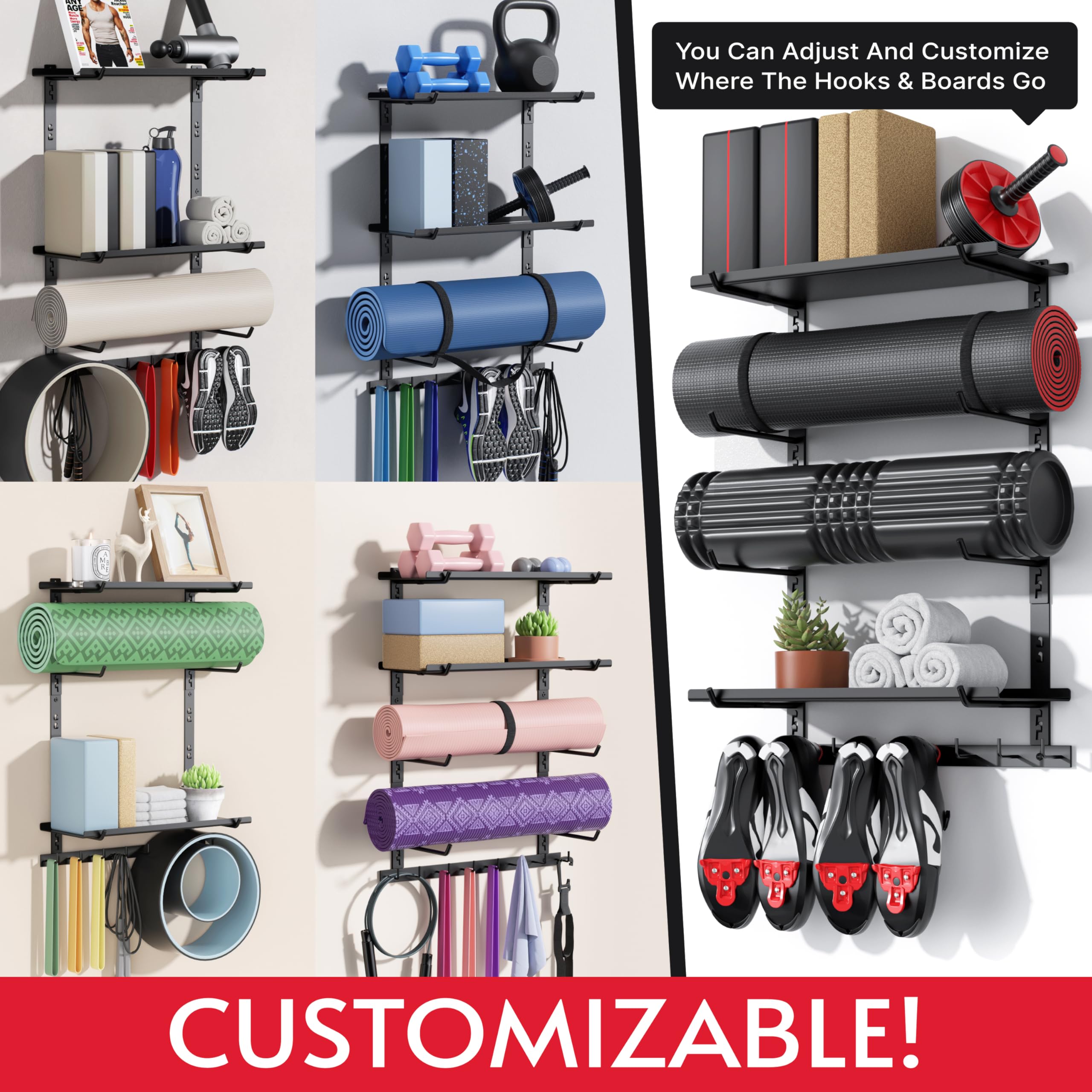 Crostice Wall-Mounted Home Gym Storage Shelf – Adjustable Fitness Equipment Organizer with Shelves, Hooks & Yoga Mat Holder (Black)
